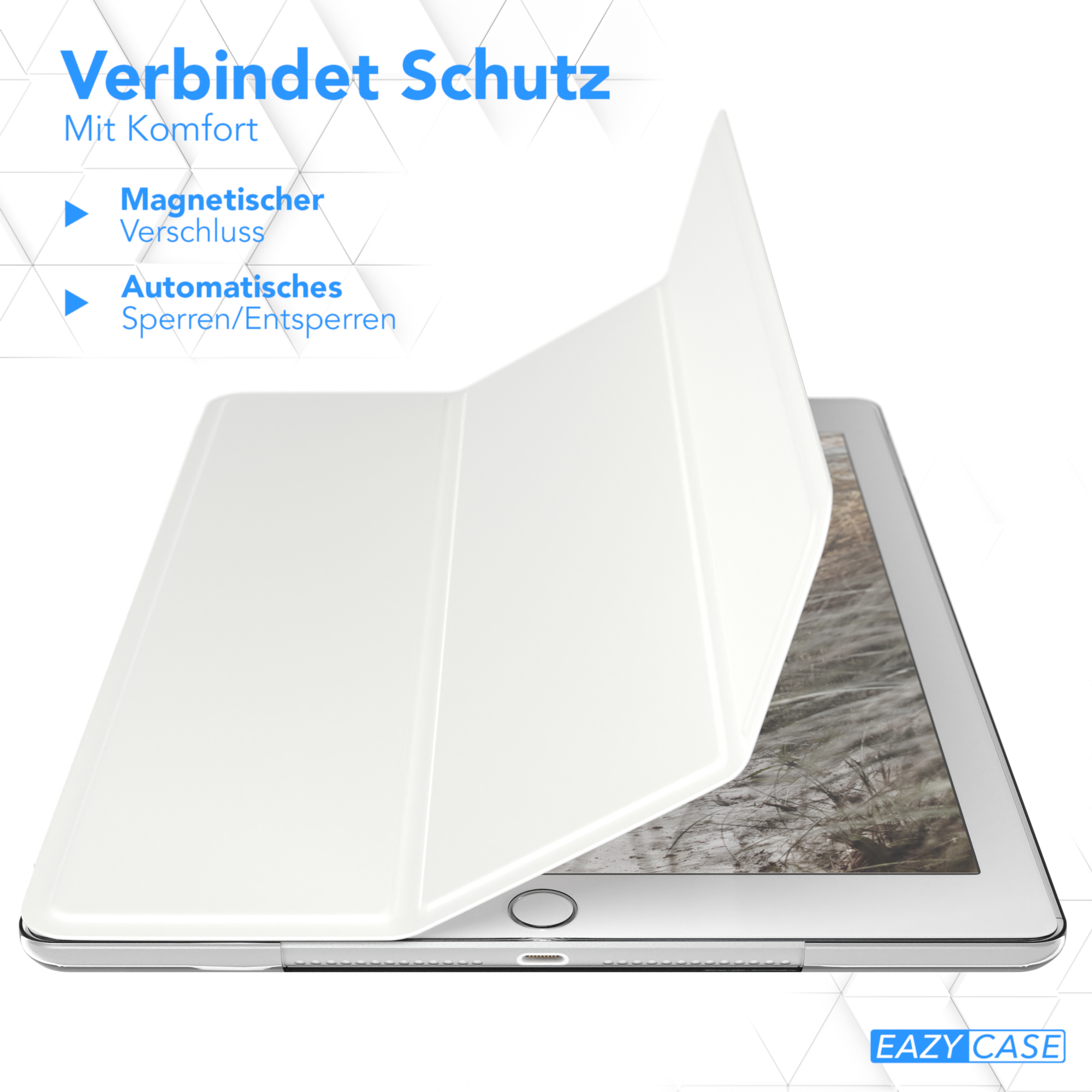 Ein Tablet mit weißer Hülle. Die Hülle ist offen und gibt den Bildschirm frei.