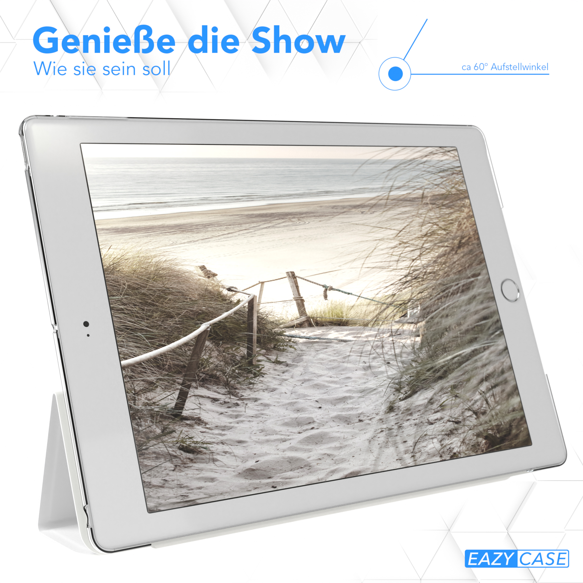Tablet mit Strandblick auf einem Ständer. Text: 'Genieße die Show' und 'EAZY CASE' Logo.