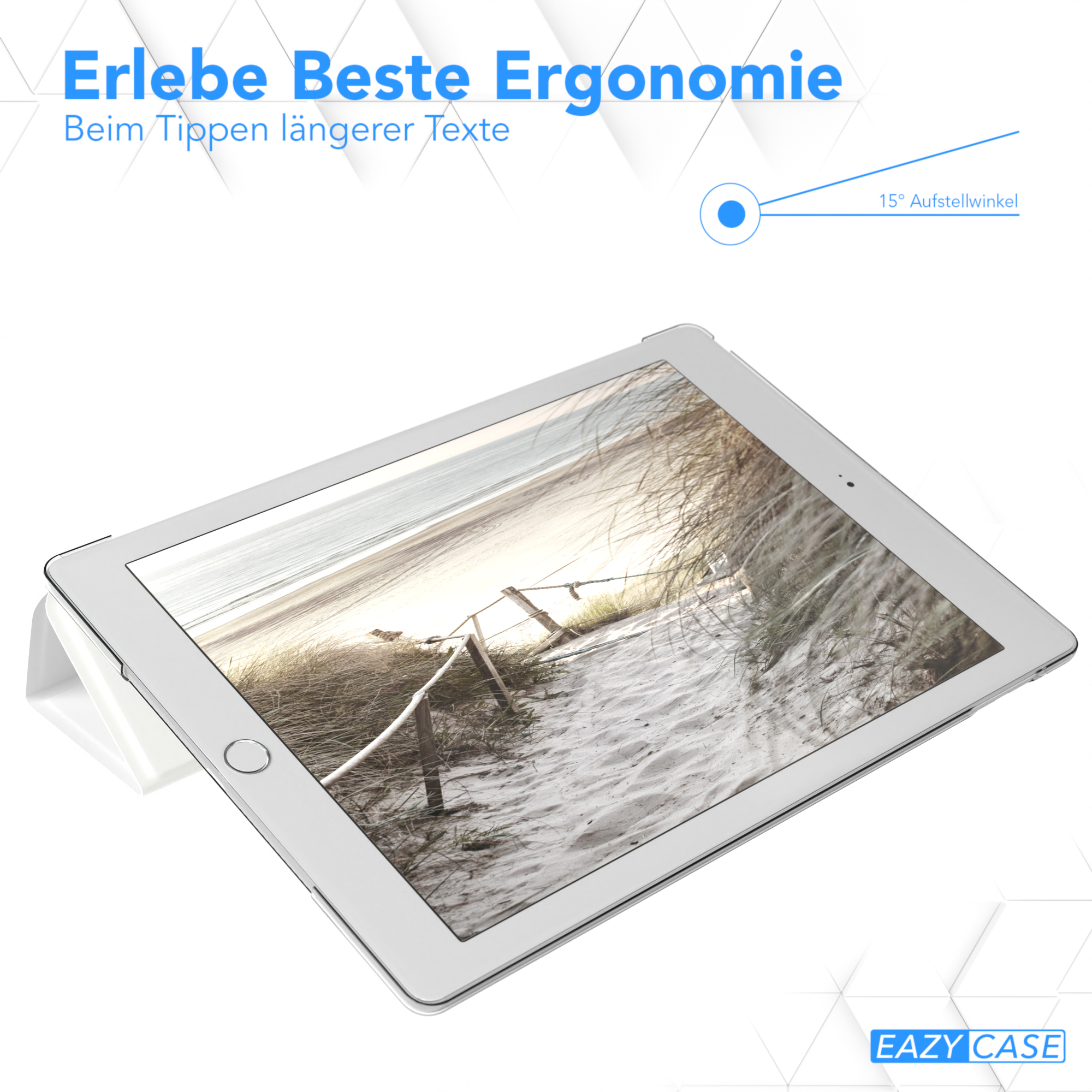 Tablet in weißem Case, zeigt Strand. Das Tablet ist 15 Grad geneigt.