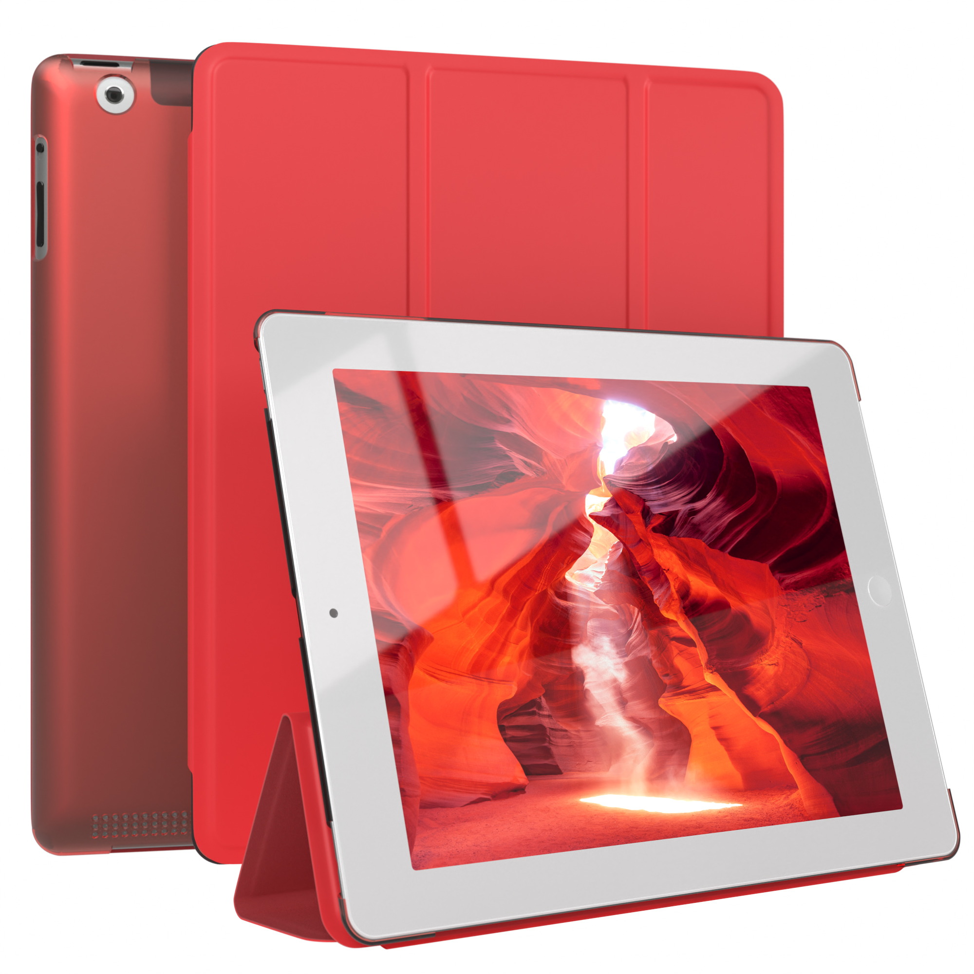 Tablet mit roter Hülle und Abdeckung. Rote Farbe, zeigt den Bildschirm.