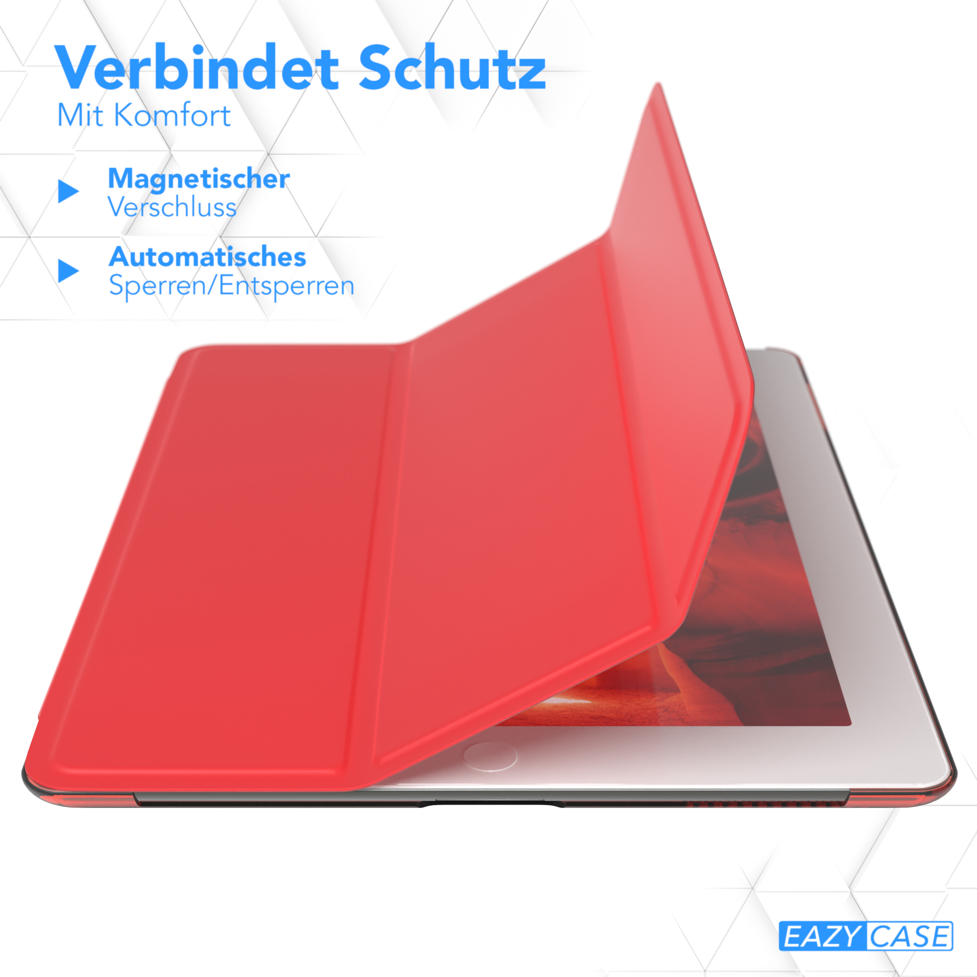 Rote Tablet-Hülle geöffnet, Tablet wird sichtbar. Text: 'Verbindet Schutz.' Merkmale: Magnetverschluss, Auto-Lock/-Unlock.