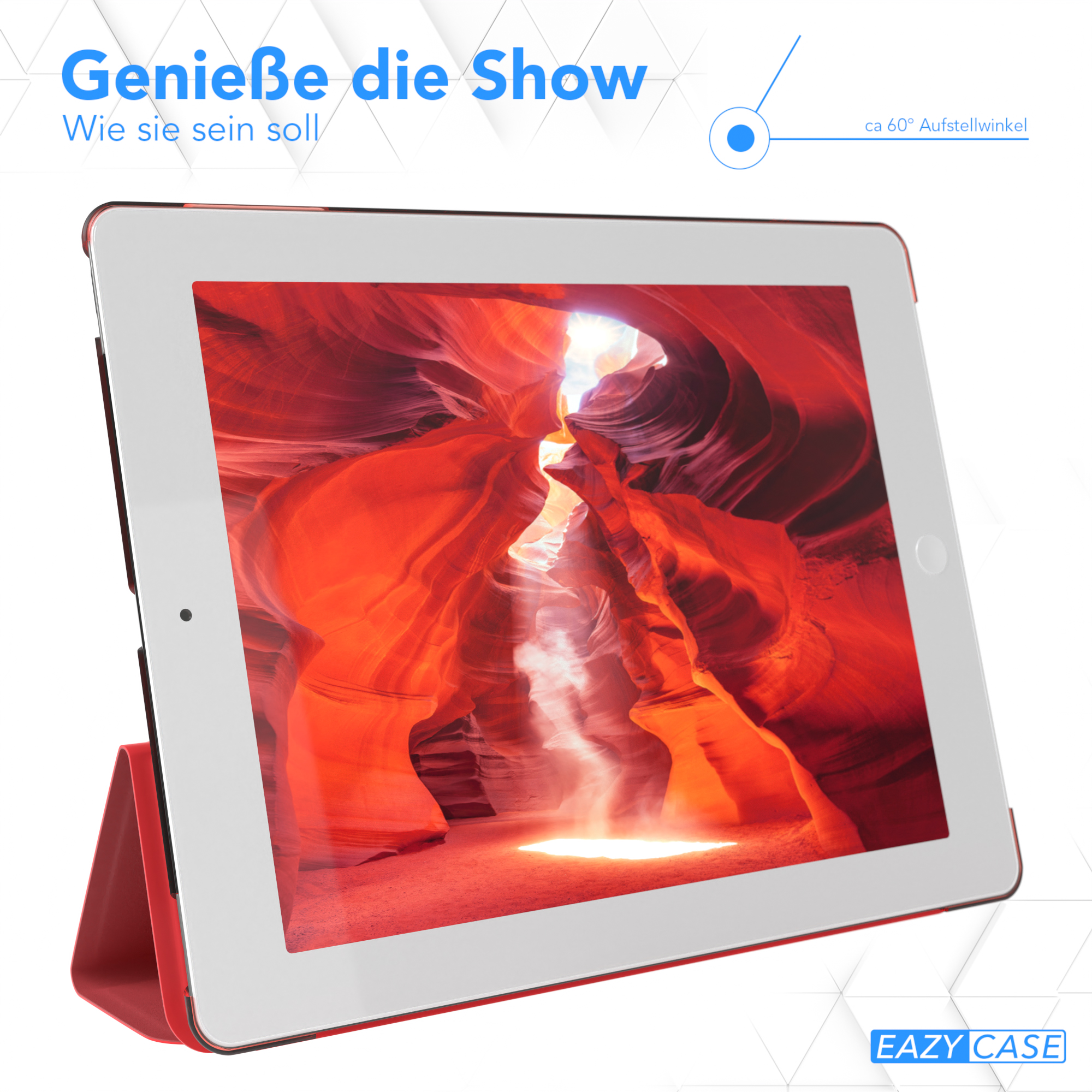 Rotes Tablet mit Canyon-Bildschirm. Hülle aufgestellt. Text auf Deutsch.