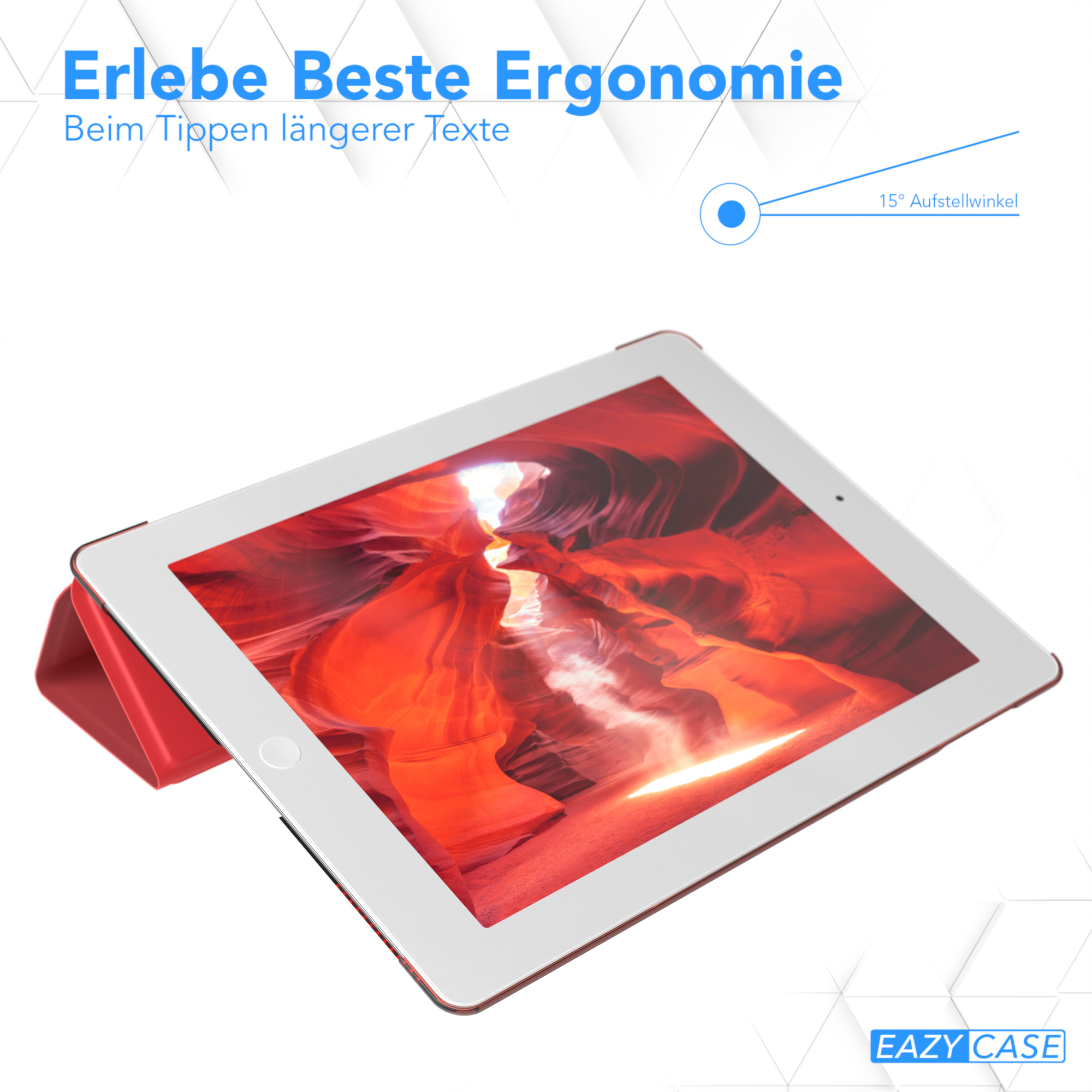Tablet in roter Hülle, abgewinkelt zum Tippen, mit Text über ergonomisches Design.