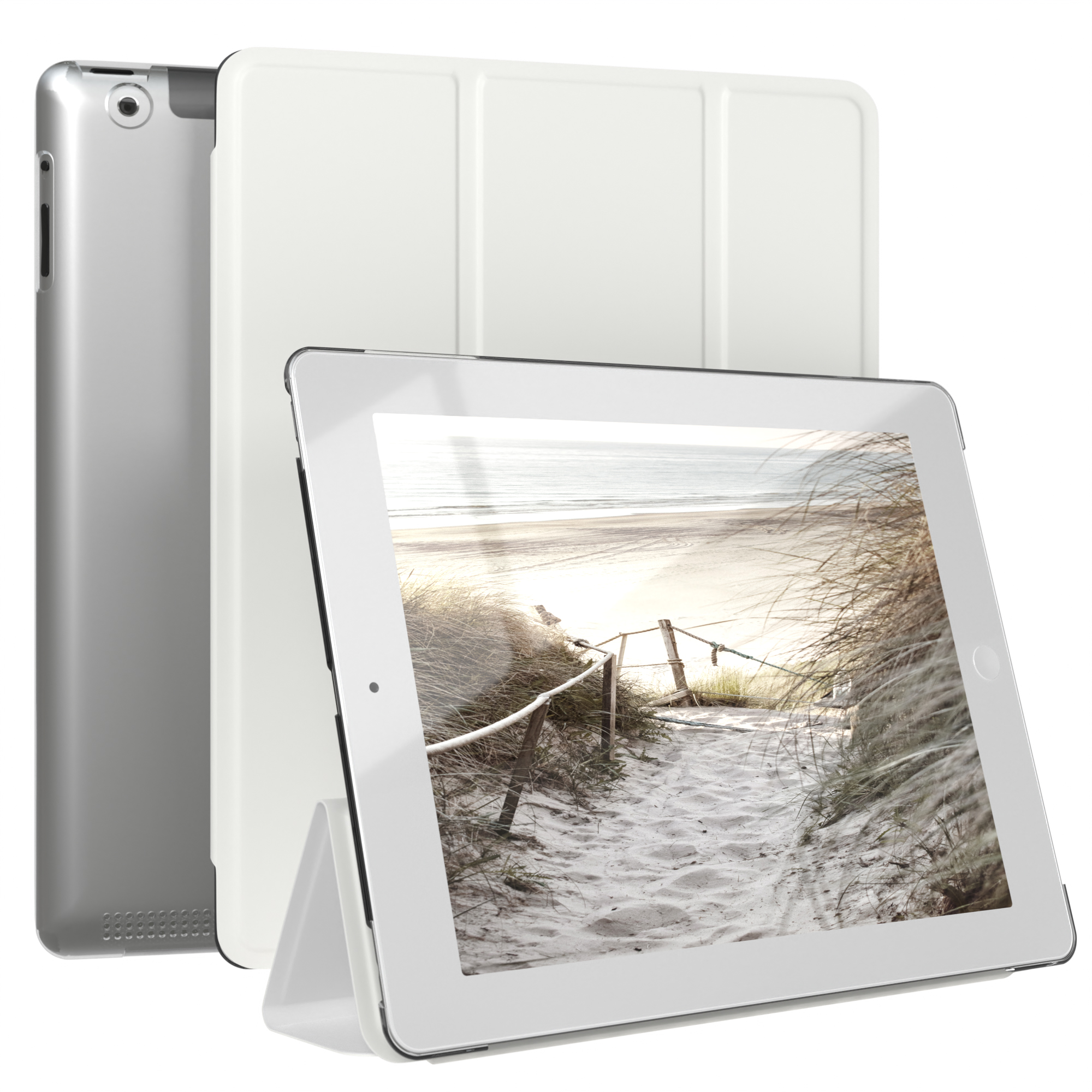 Ein weißes Tablet mit weißer Hülle. Der Bildschirm zeigt ein Strandfoto, und die Hülle ist offen.
