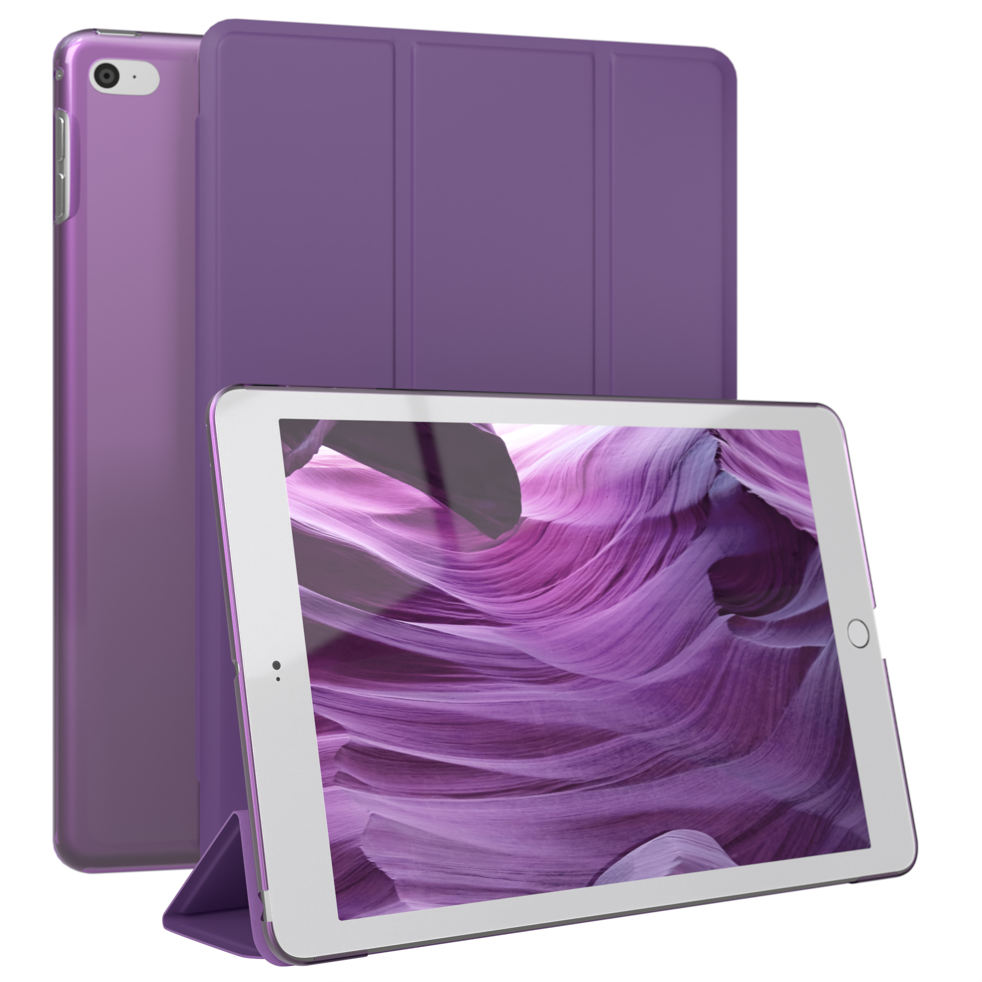 Lila Tablet mit lila Hülle vor einem lila Wellenbild auf weißem Hintergrund.