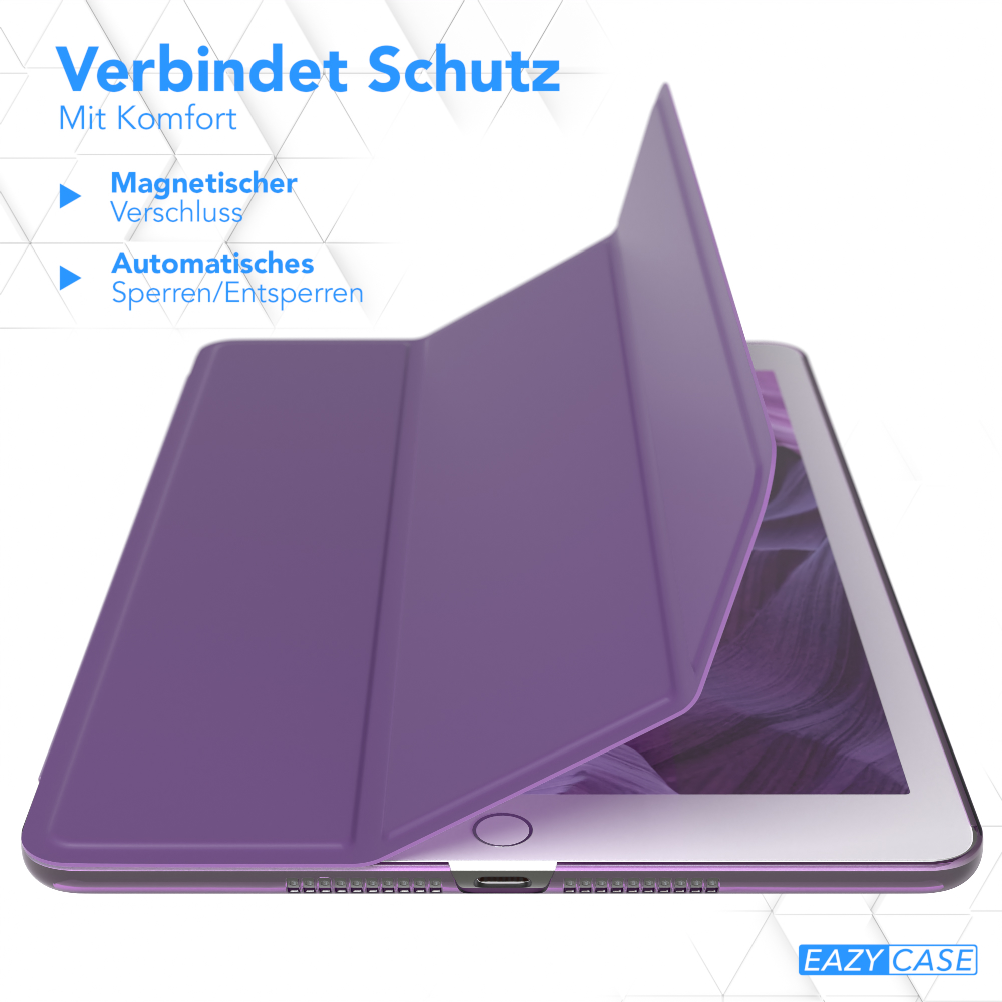 Ein lila Tablet mit halb geöffneter Hülle, mit Text auf der Hülle und einem Hintergrund eines verschwommenen Bildes.