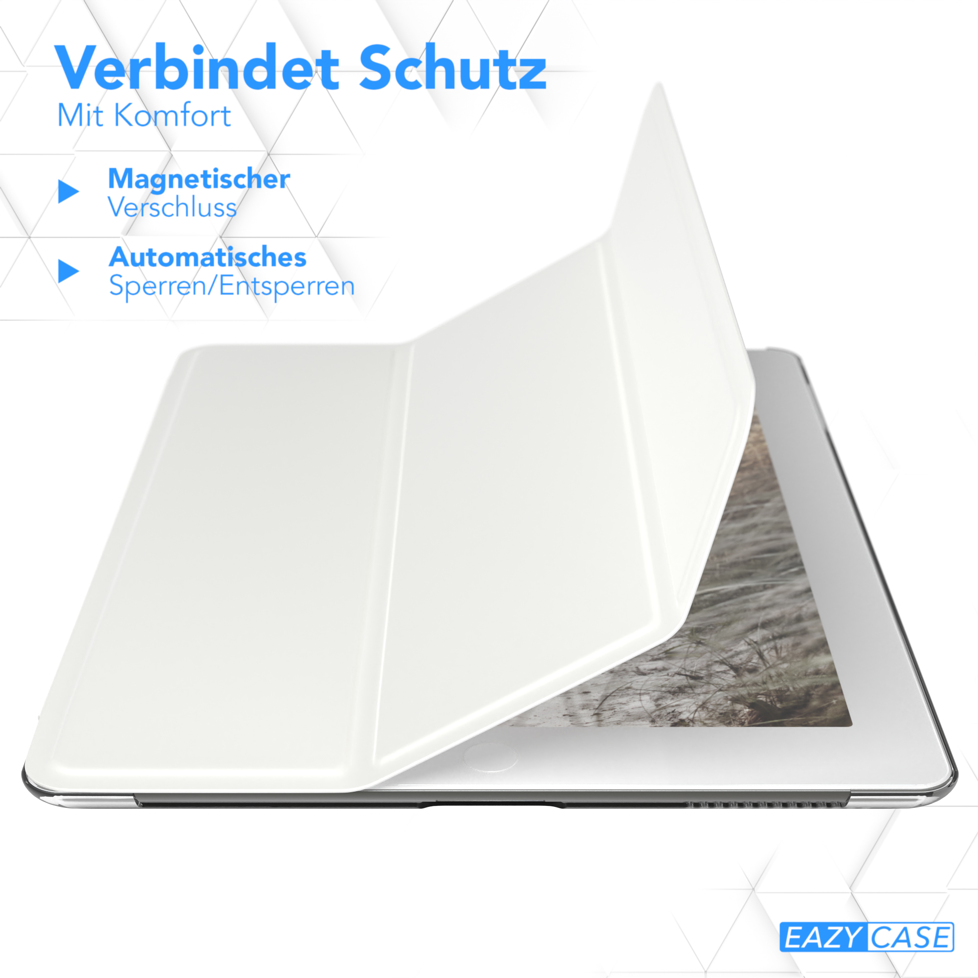 Weiße Tablethülle mit geöffnetem Deckel. Text auf Deutsch: "Verbindet Schutz". Magnetverschluss, automatische Verriegelung.