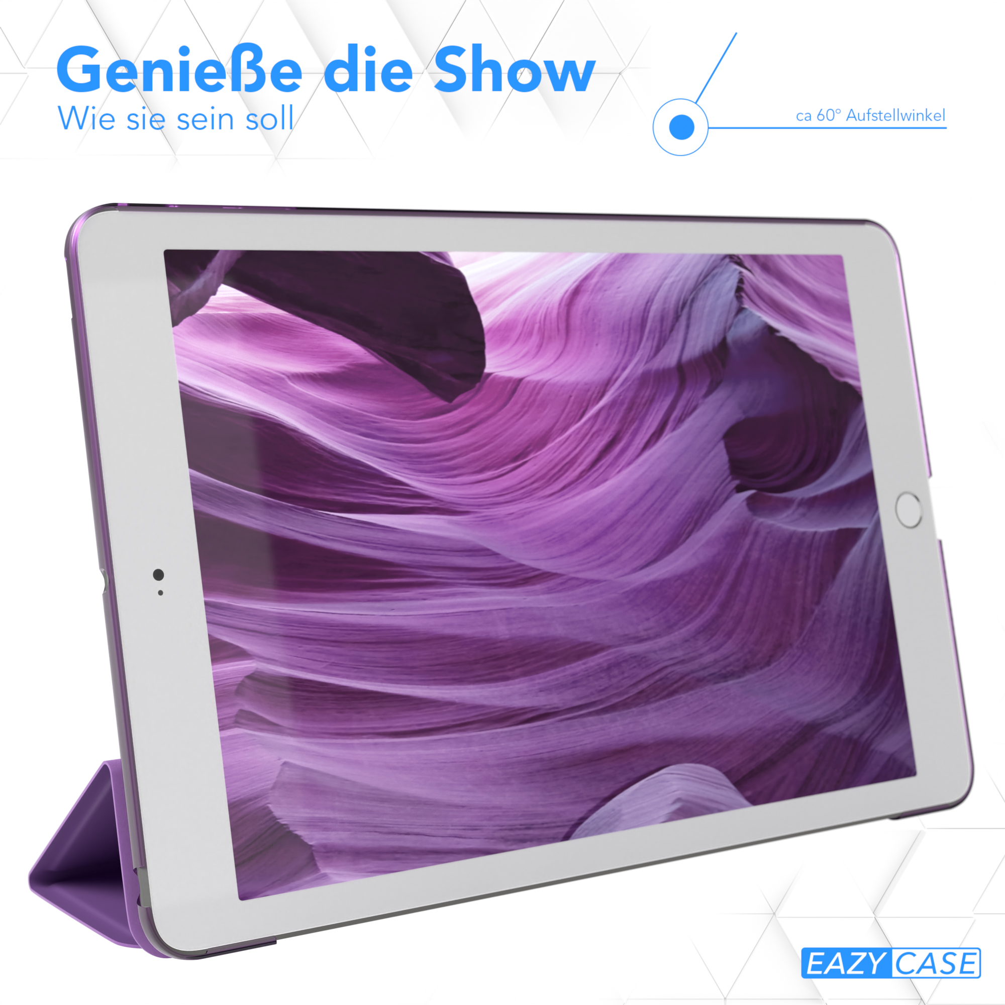 Tablet in lila Gehäuse, Darstellung einer lila Felsformation. Text: 'Genieße die Show'.