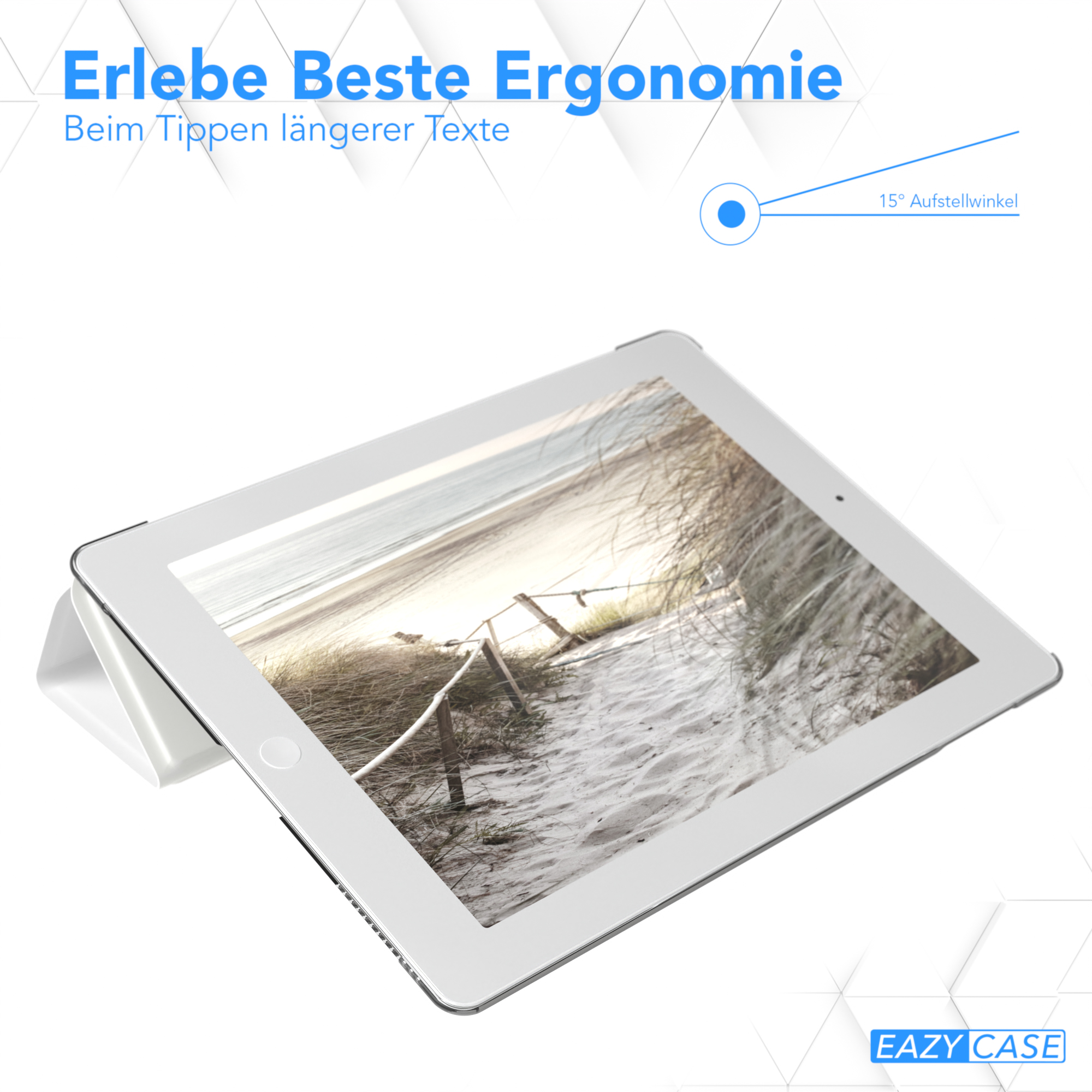 Weißes iPad mit Text über Ergonomie und einer Strandansicht auf dem Bildschirm.