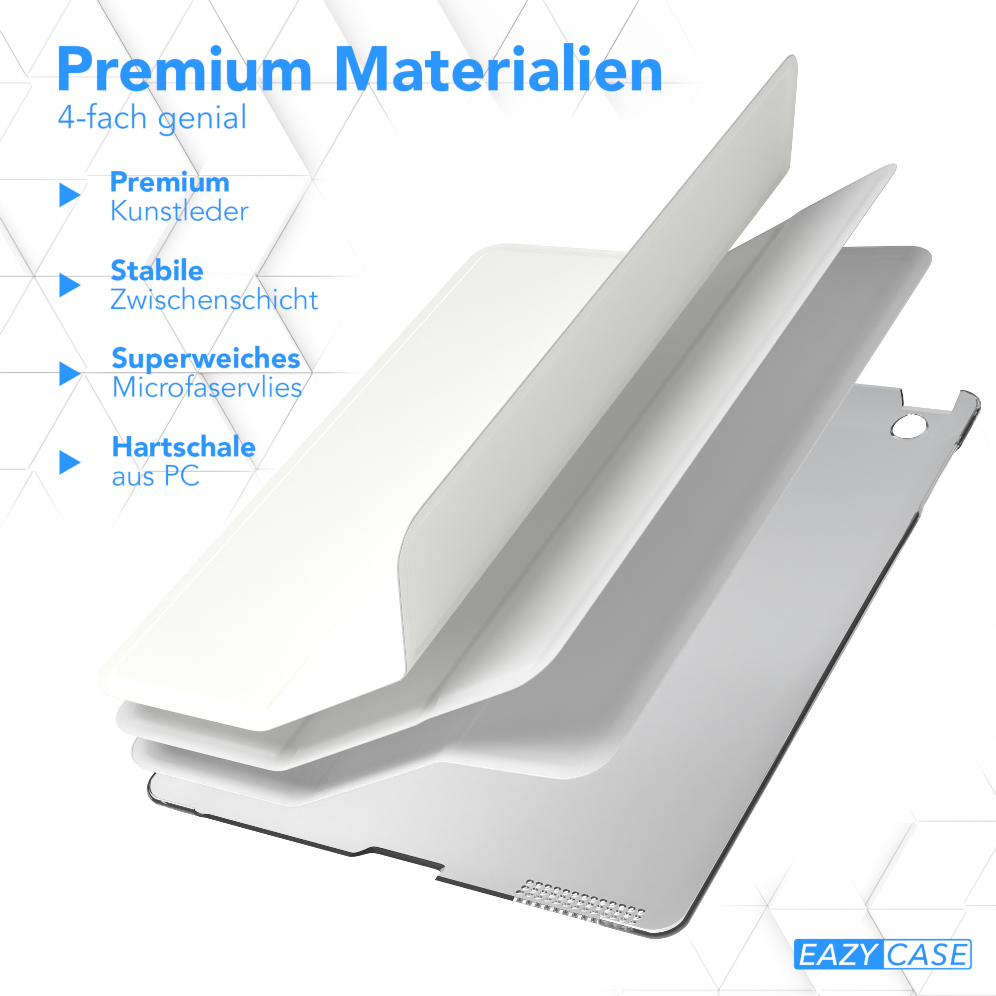 Tablet-Hülle mit Materialschichten: Premium-Leder, eine stabile Schicht, Mikrofaser und eine Hartschale.