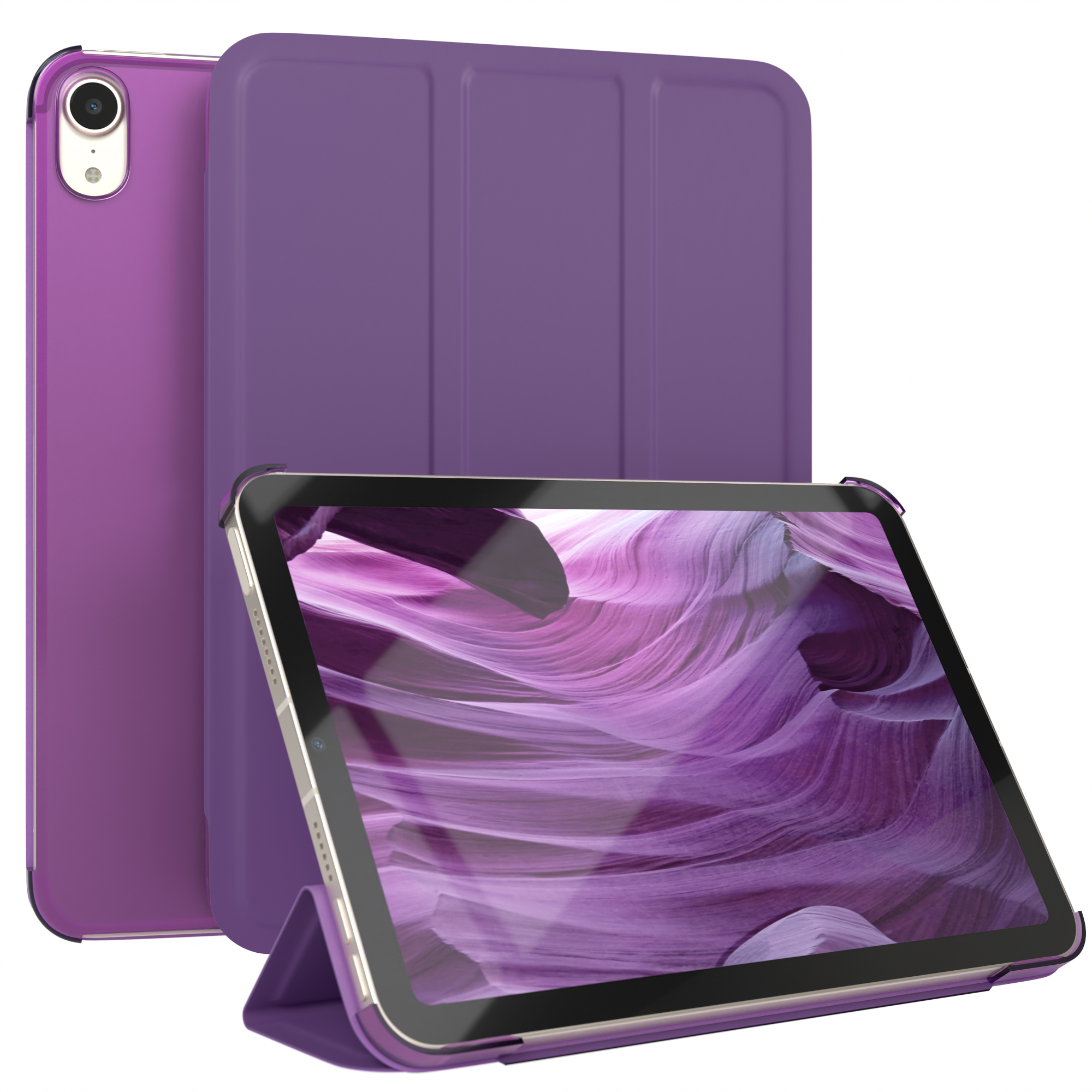 Ein lila Tablet mit lila Hülle. Das Tablet steht auf einem Ständer, die Hülle dahinter.