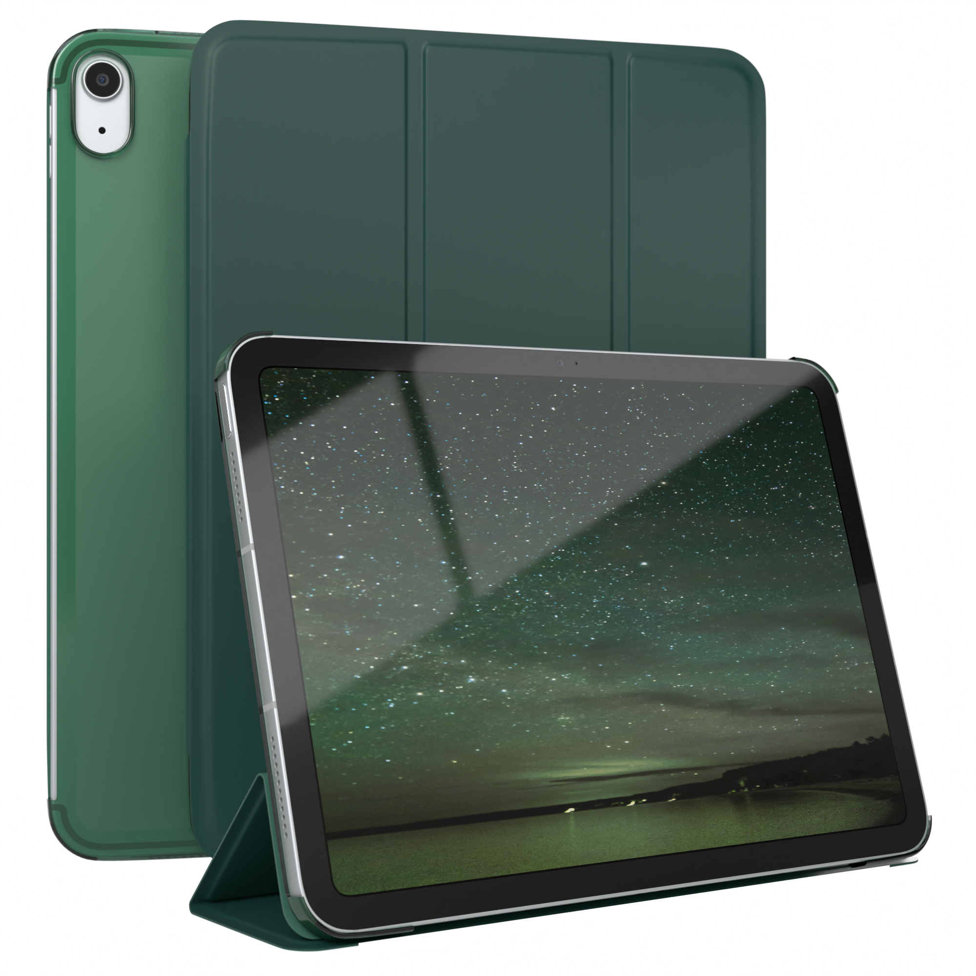 Grünes Tablet mit Hülle, Bildschirm zeigt eine Nachthimmelszene. Weißer Hintergrund.
