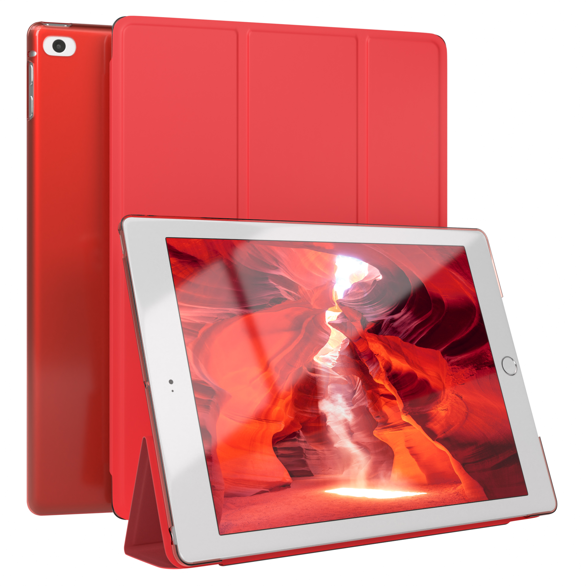Rotes Tablet mit roter Hülle auf weißem Hintergrund.