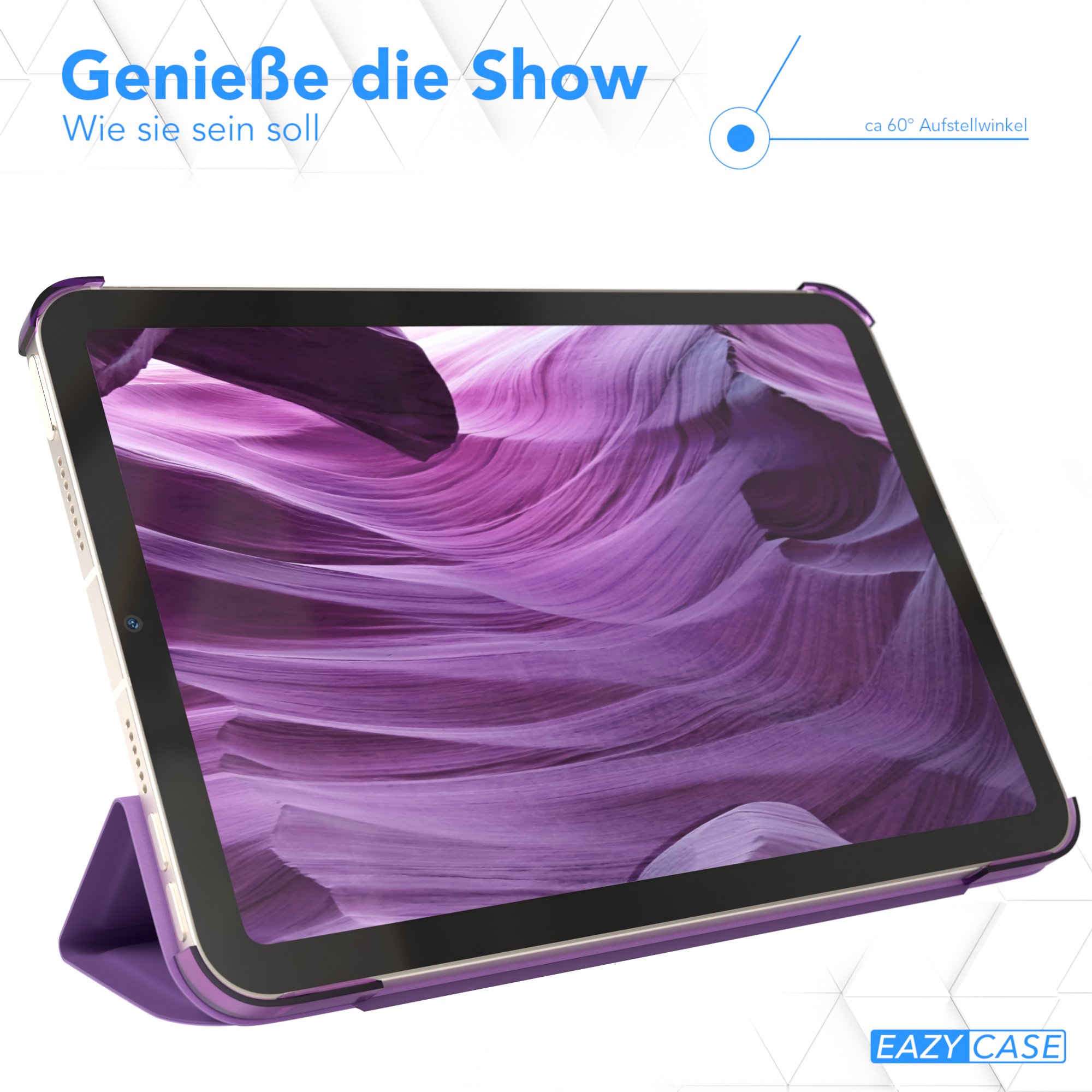 Tablet in lila Hülle, zeigt eine strukturierte lila Felsformation auf dem Bildschirm. Weißer Hintergrund.