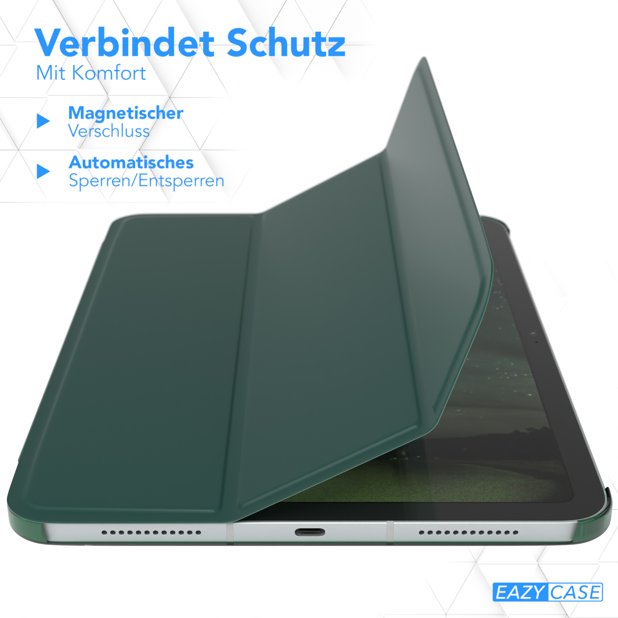 Eine grüne Tablet-Hülle mit Magnetverschluss und automatischer Öffnungs-/Schließfunktion.