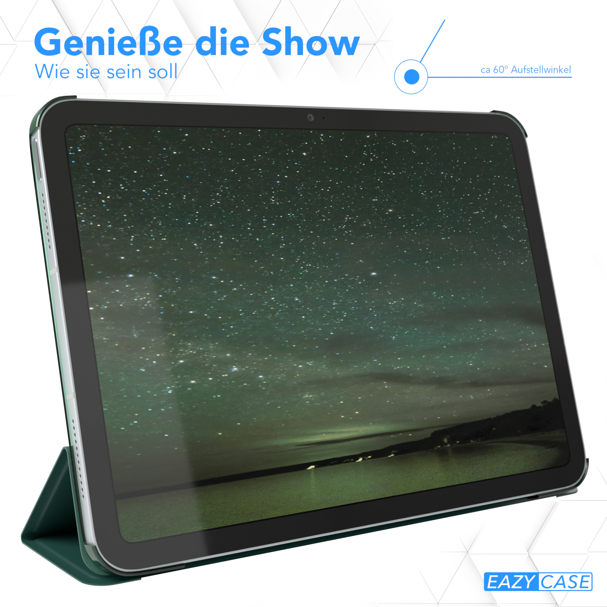 iPad auf einer grünen Hülle mit einer Sternennachtszene, mit Text über die Show.
