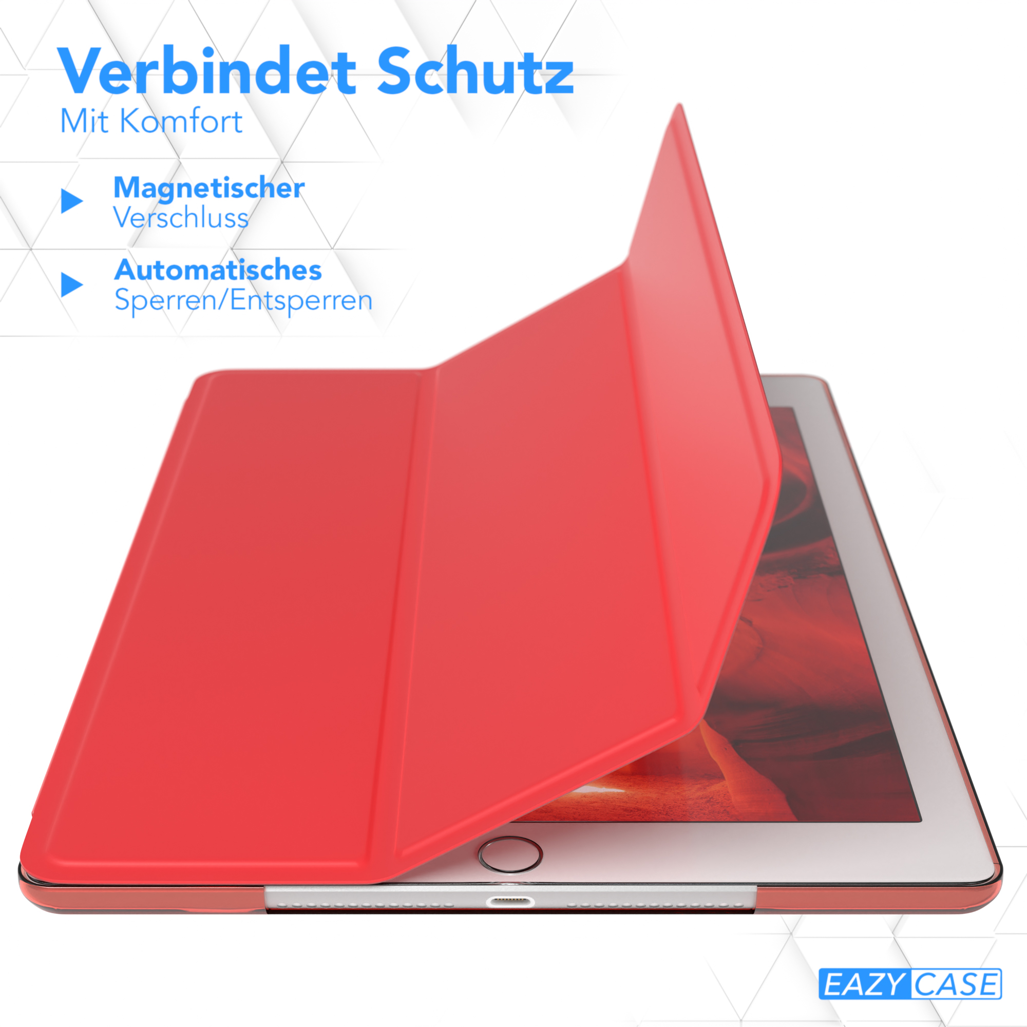 Rote iPad-Hülle offen, zeigt das iPad im Inneren. Text: Verbindet Schutz. Eazy Case Logo.