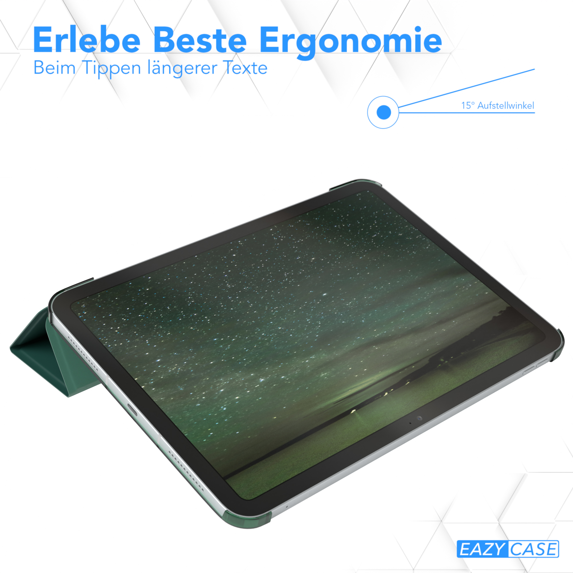 Tablet in einem grünen Gehäuse, angewinkelt, um den Bildschirm mit einem Sternennachtbild zu zeigen.