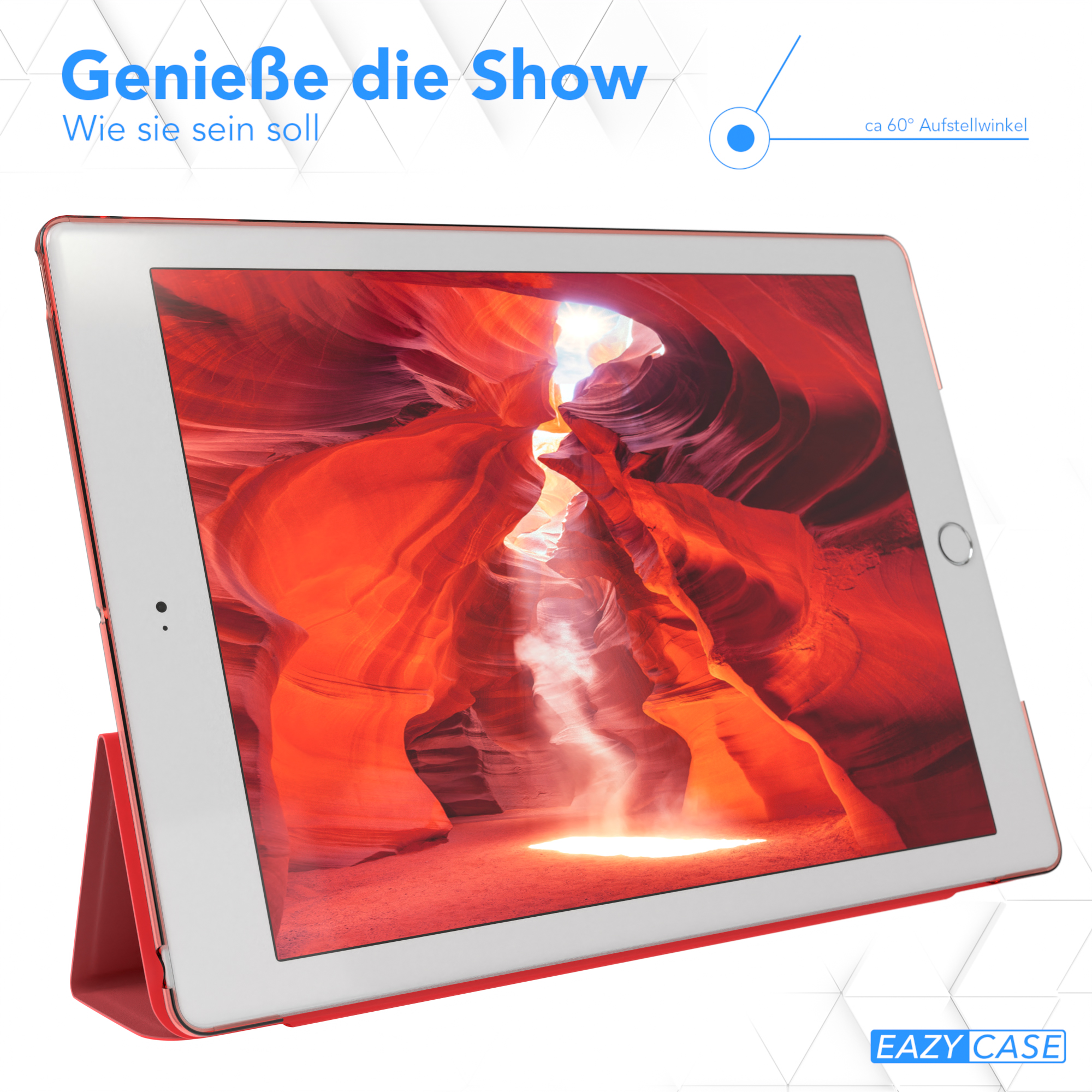 Ein iPad in einem roten Gehäuse, abgewinkelt, um eine Canyonlandschaft zu betrachten.