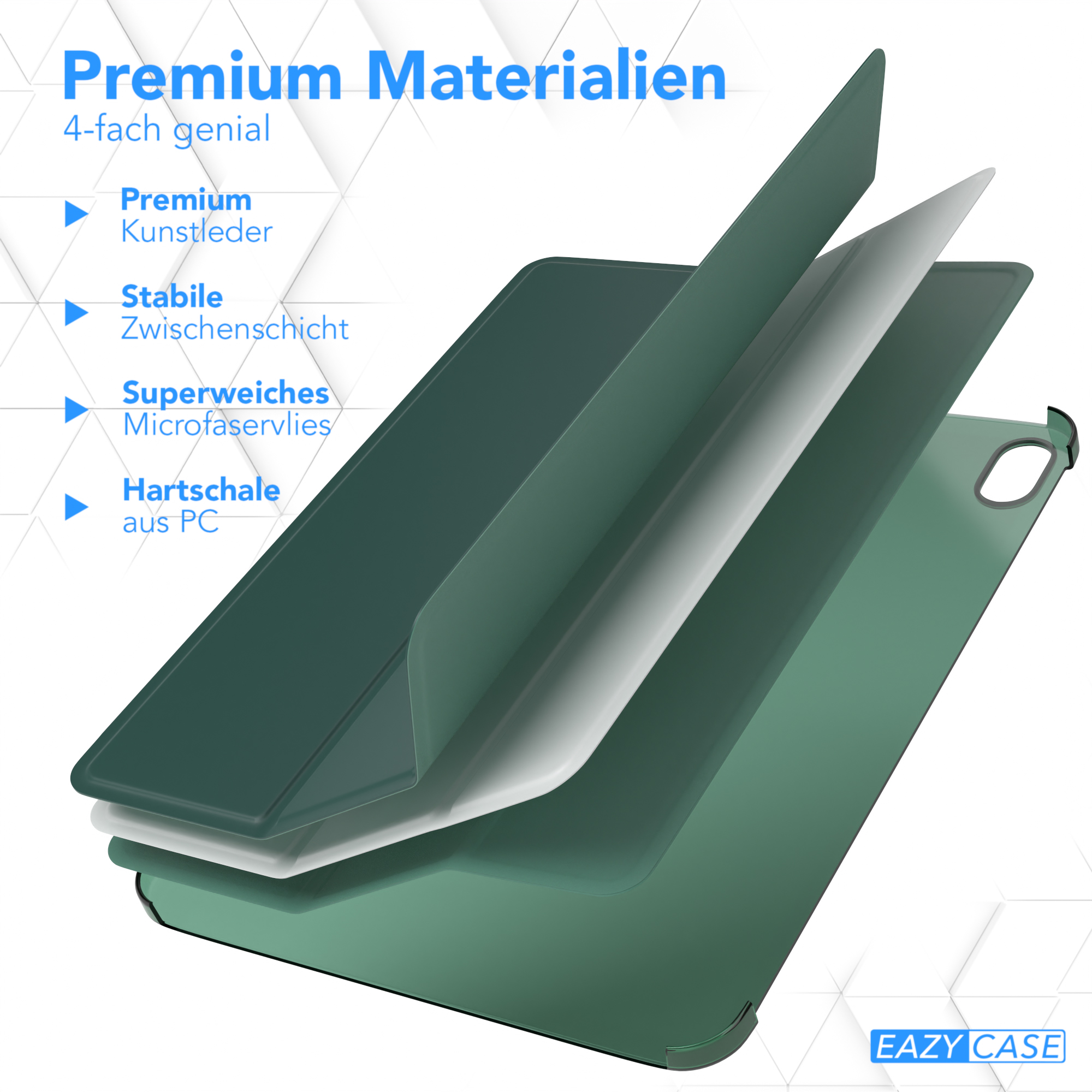 Gehäuseschichten: grünes Oberteil, weiße Mitte, grüner Boden; Text: Premium Materialien, Premium Kunstleder.