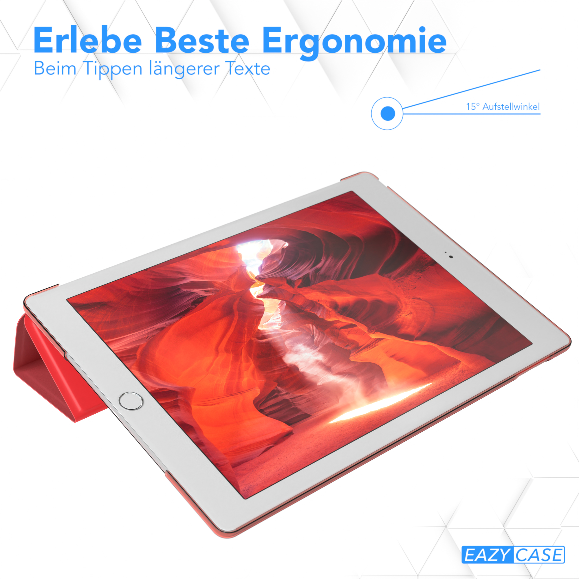 Tablet mit roter Hülle, zeigt rote Landschaft, für Tippen angewinkelt.