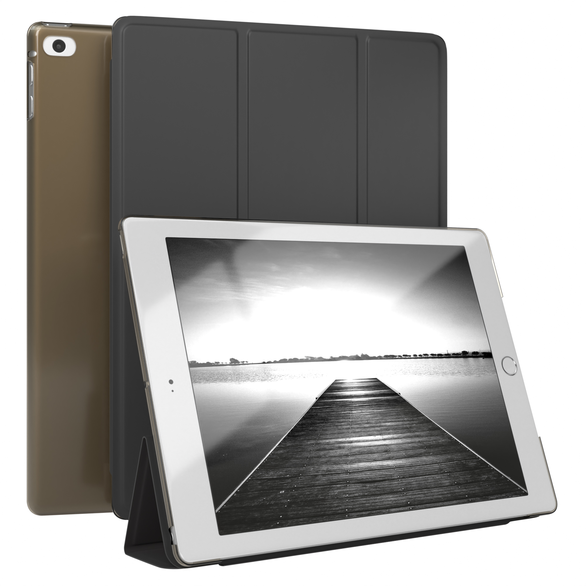 Tablet mit Schwarz-Weiß-Bild eines Piers, mit brauner und schwarzer Hülle.
