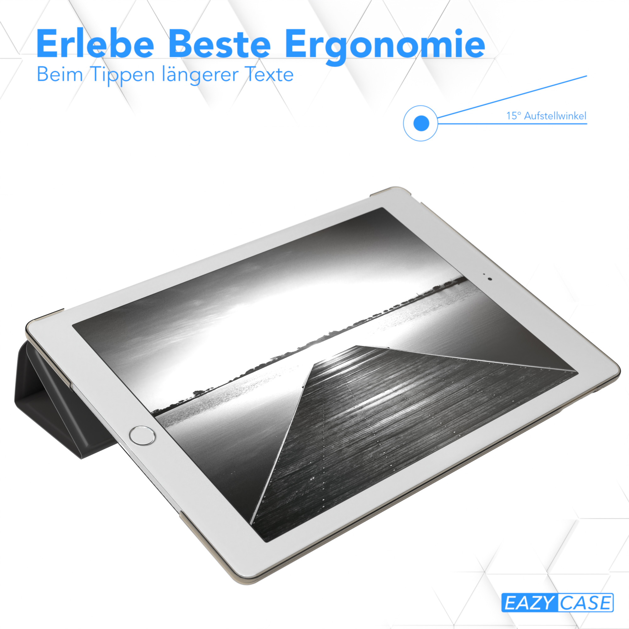 Ein Tablet mit schwarzer Hülle, angewinkelt, in Nahaufnahme. Text: Erleben Sie beste Ergonomie. EAZY CASE Logo.