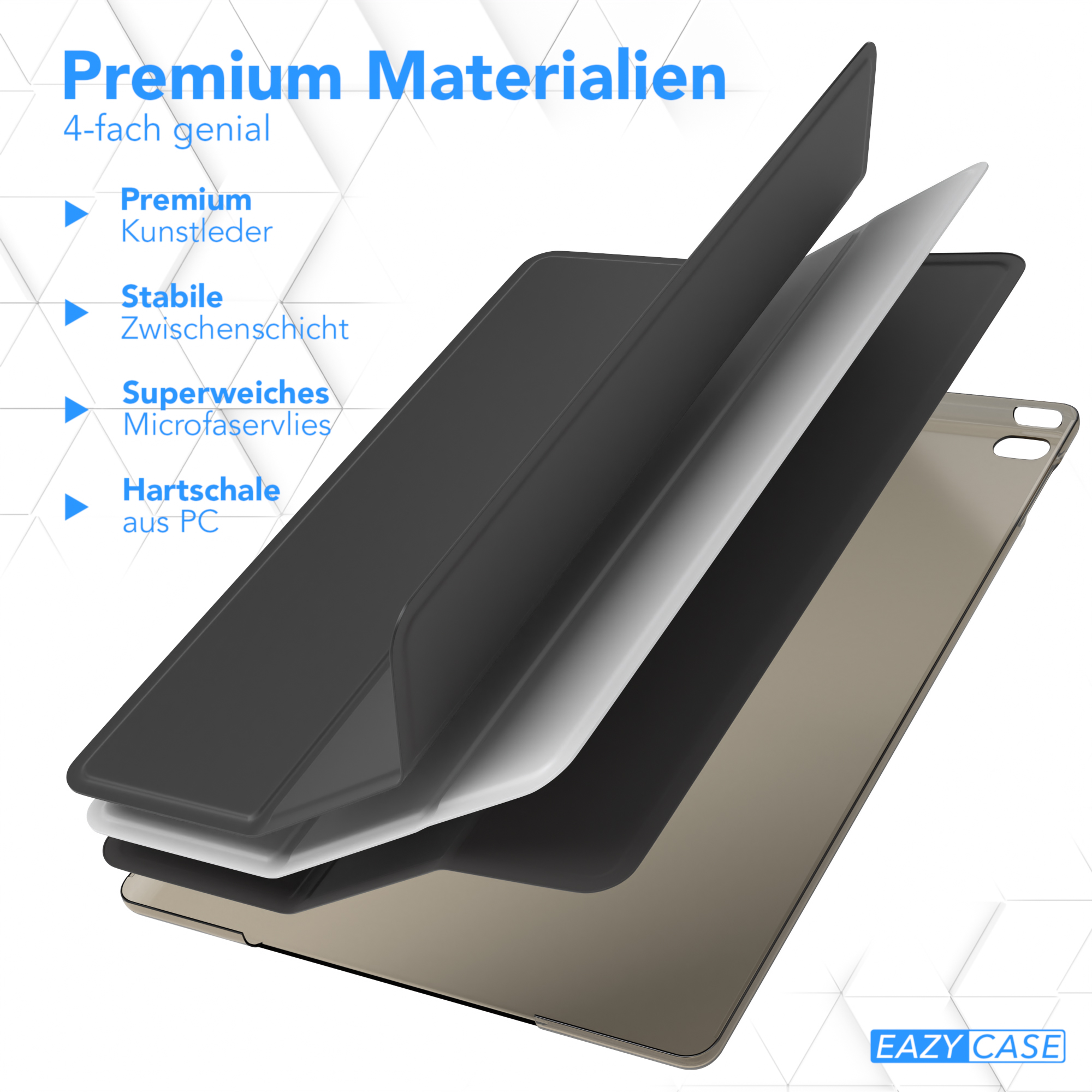 Diagramm eines Tablets mit Schichten aus Premium-Materialien: Leder, Schicht, Mikrofaser und Schale.