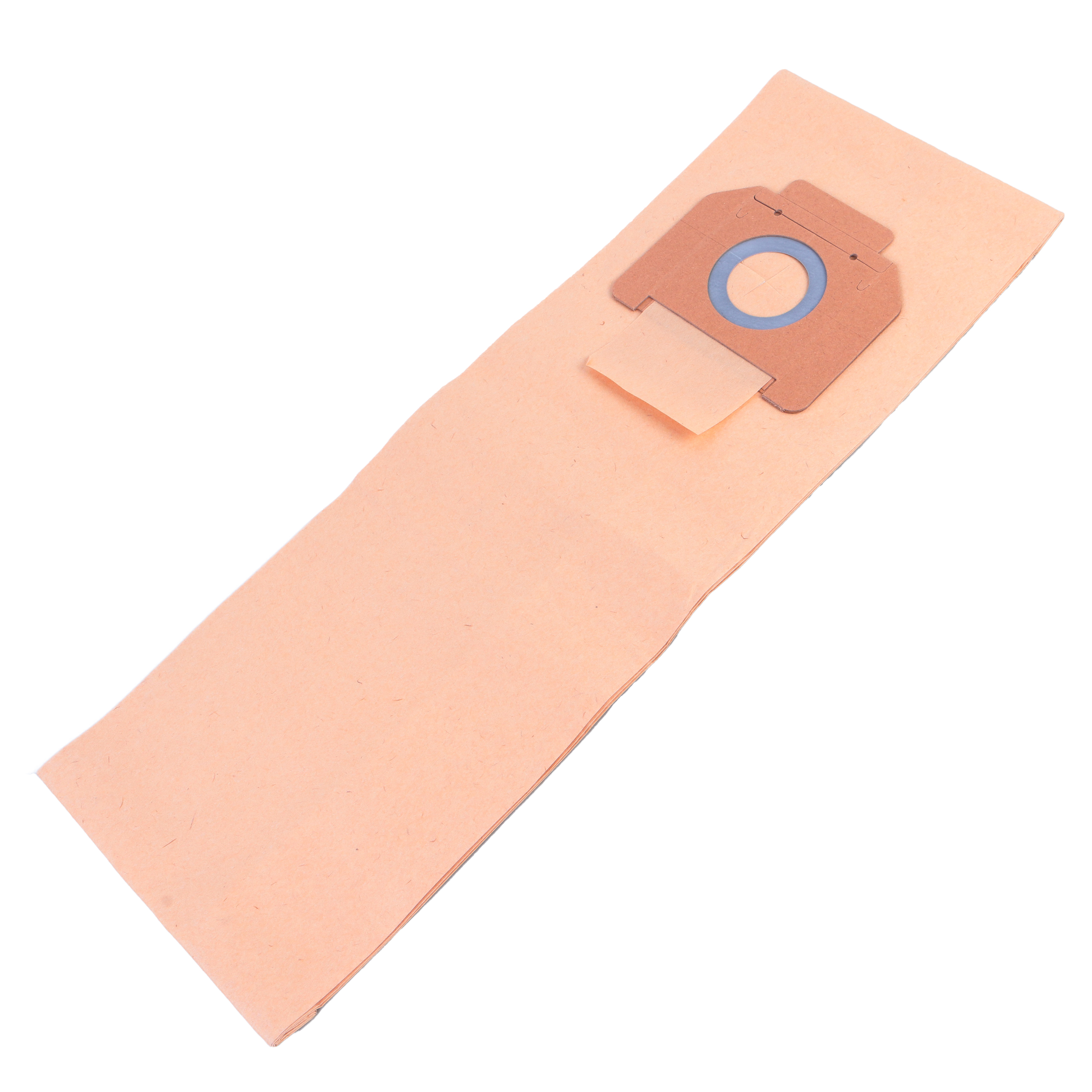 Ein Staubsaugerbeutel mit rechteckiger Form. Der Beutel hat eine braun-beige Farbe und einen Filter.