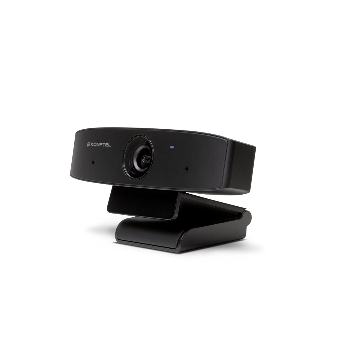 Una webcam nera su un supporto nero, su sfondo bianco.