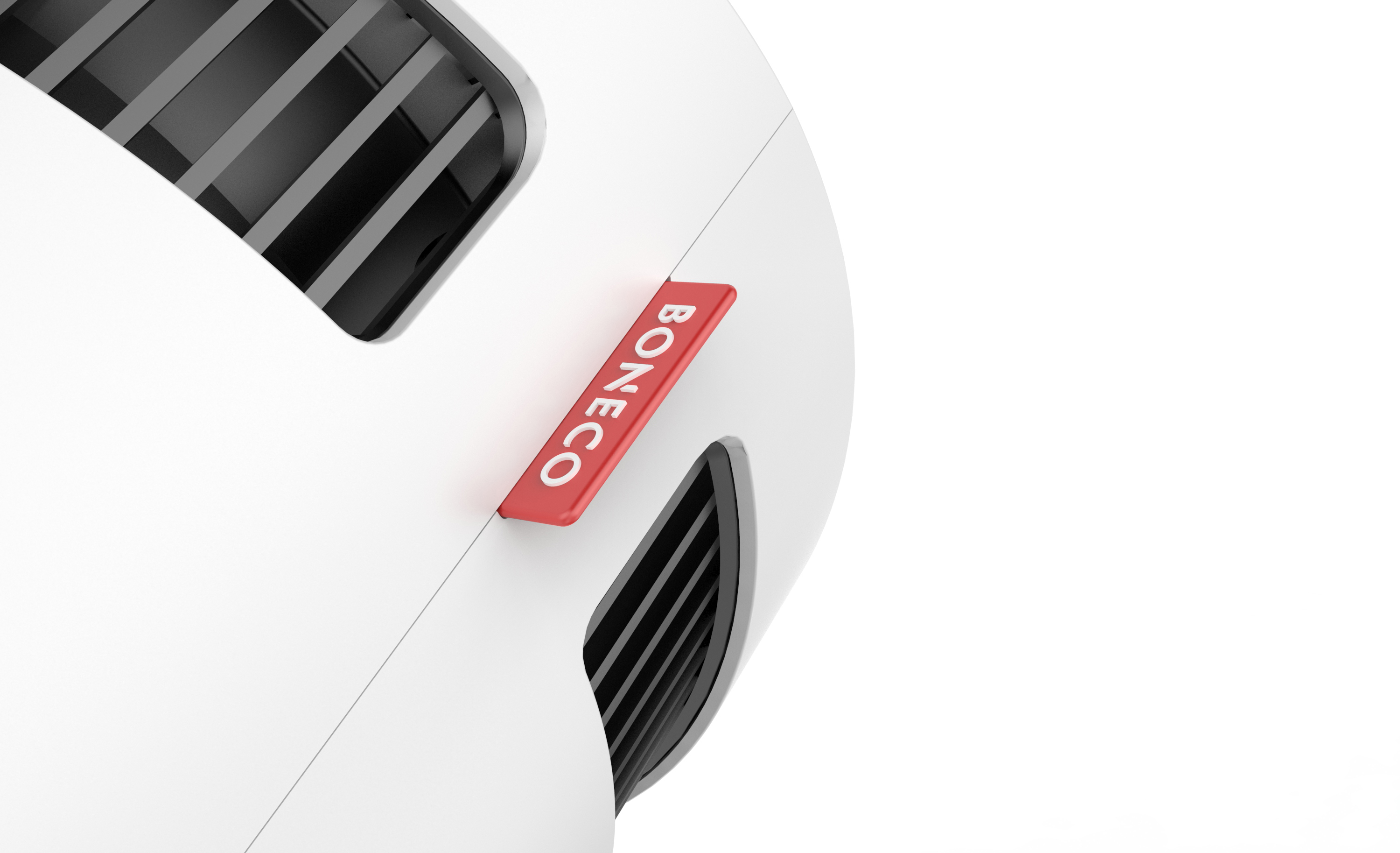 Close-up van een witte luchtreiniger met zwarte ventilatieopeningen en een rood label met BONECO erop.