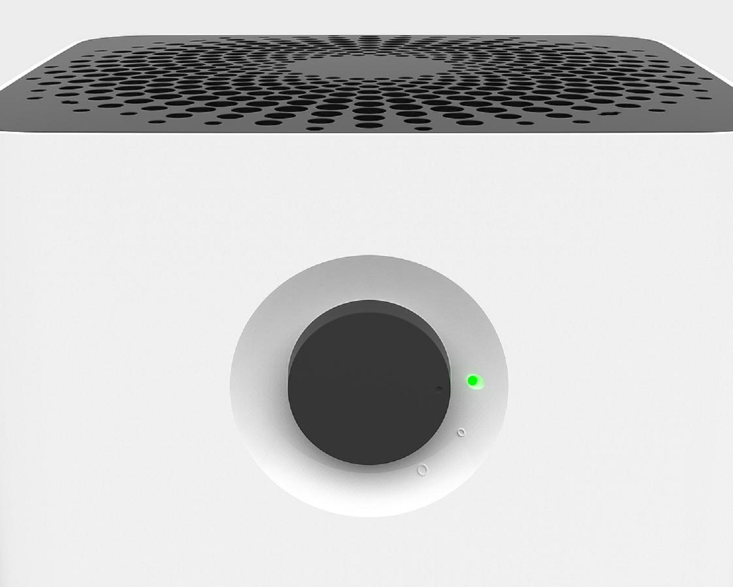 Biały oczyszczacz powietrza z pokrętłem. Pokrętło jest czarne z zielonym światłem.