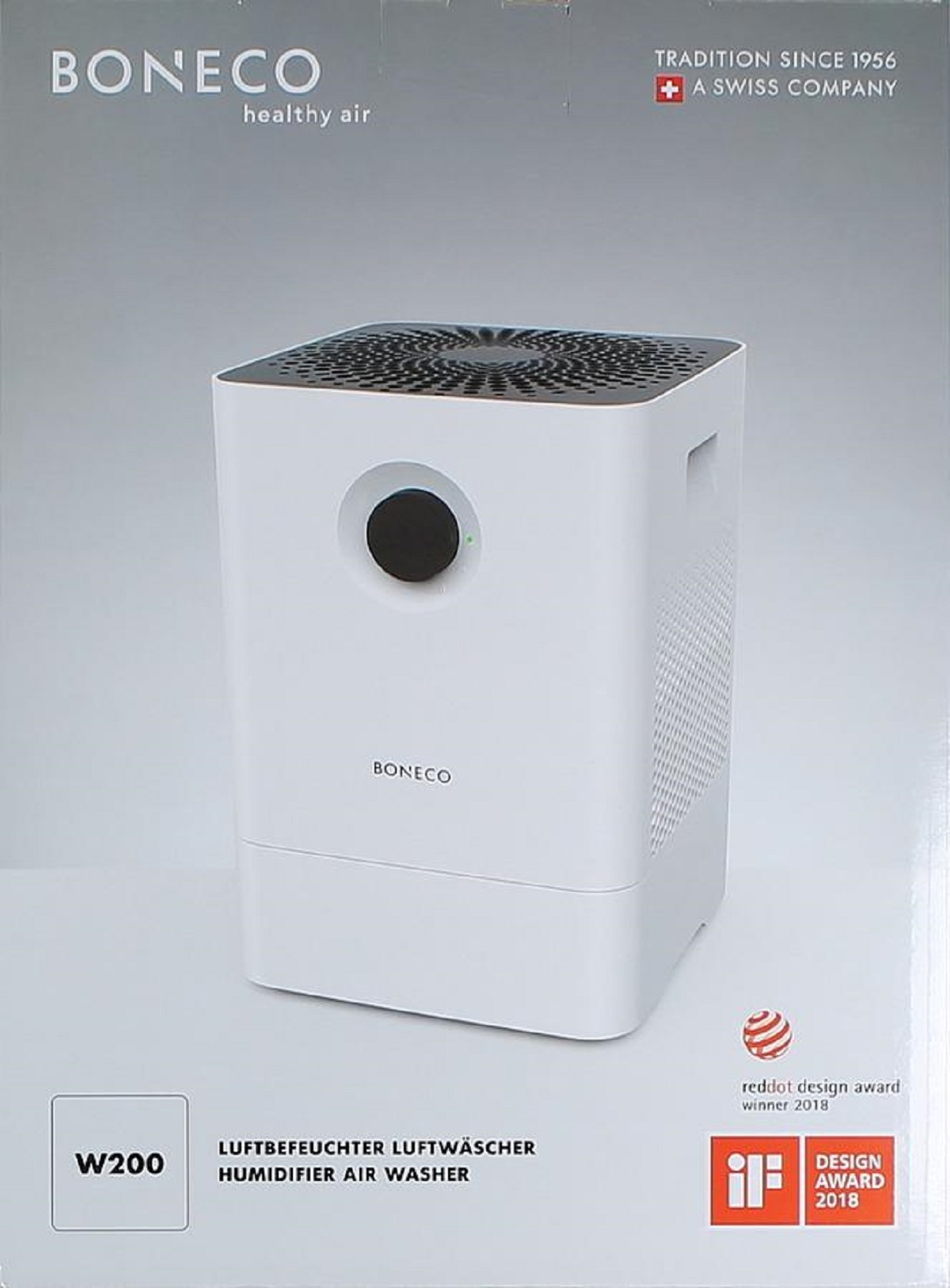 Białe pudełko oczyszczacza powietrza, z czarnym pokrętłem i logo BONECO.