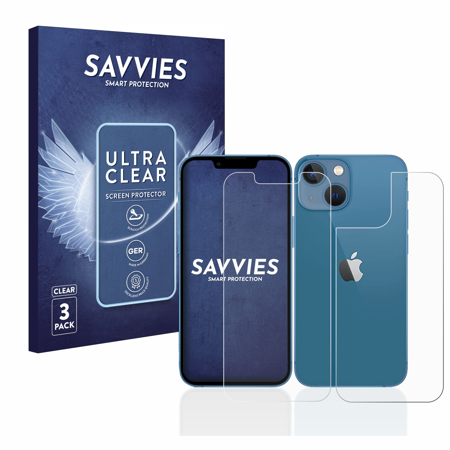 Blaues Telefon, Displayschutz und Box. Telefon hat Kameraanordnung. Weißer Hintergrund.