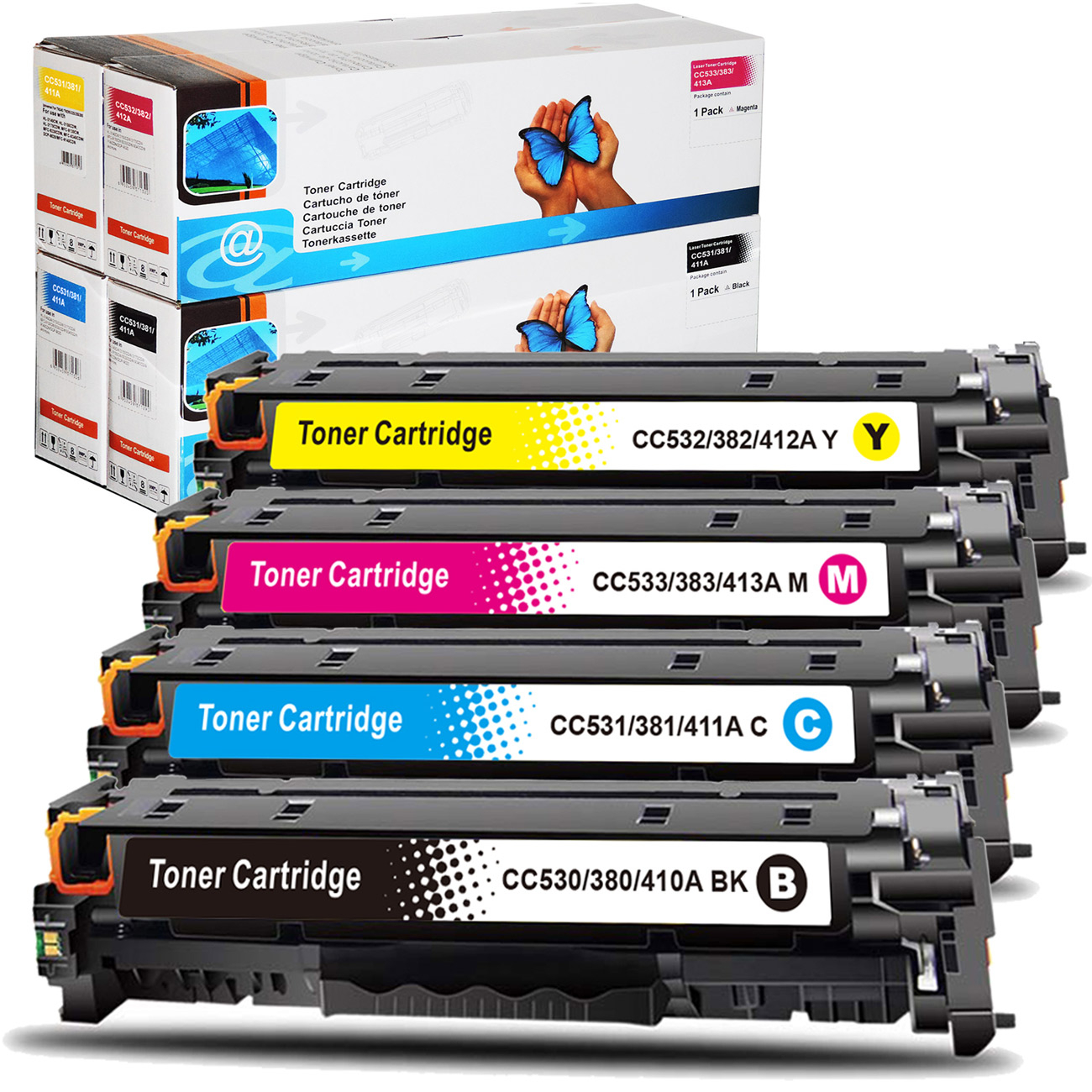 Tonerkartuschen in einer Box. Gelbe, magenta, cyan und schwarze Kartuschen sind sichtbar.