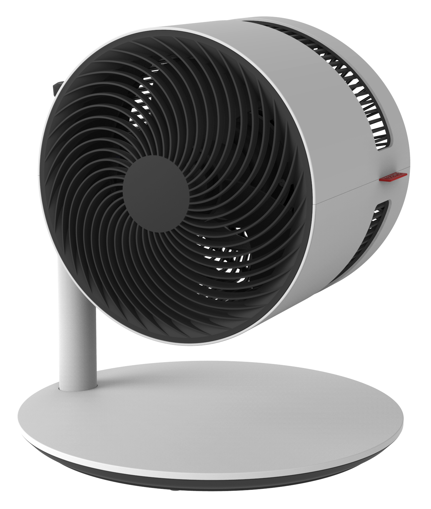 Ein weiß-grauer Ventilator mit geschwungenem Design auf einem weißen Ständer. Der Ventilator hat einen roten Knopf.
