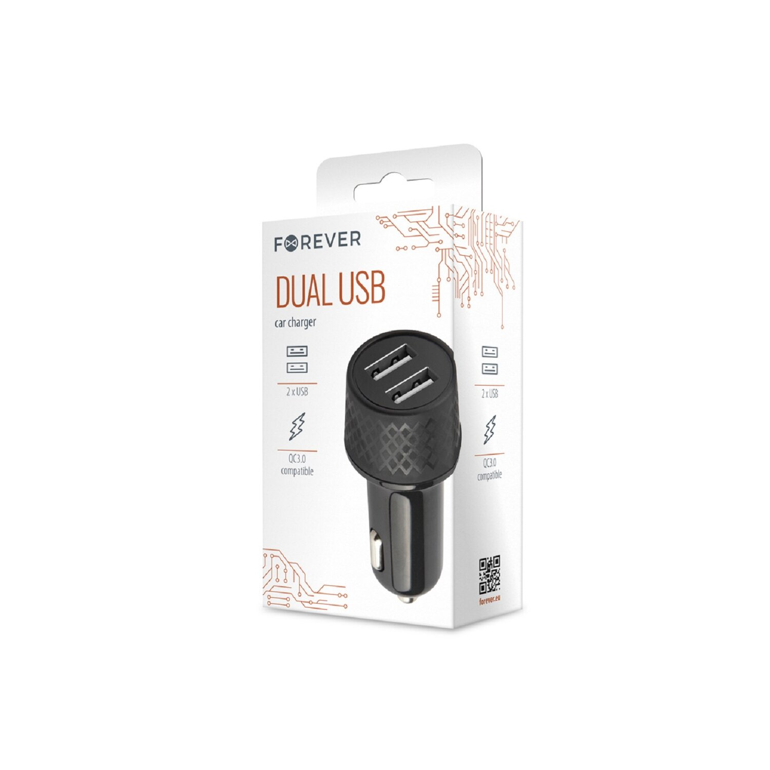Schachtel eines Forever Dual USB-Autoladegeräts. Sie zeigt das Ladegerät und seine Funktionen mit Grafiken.