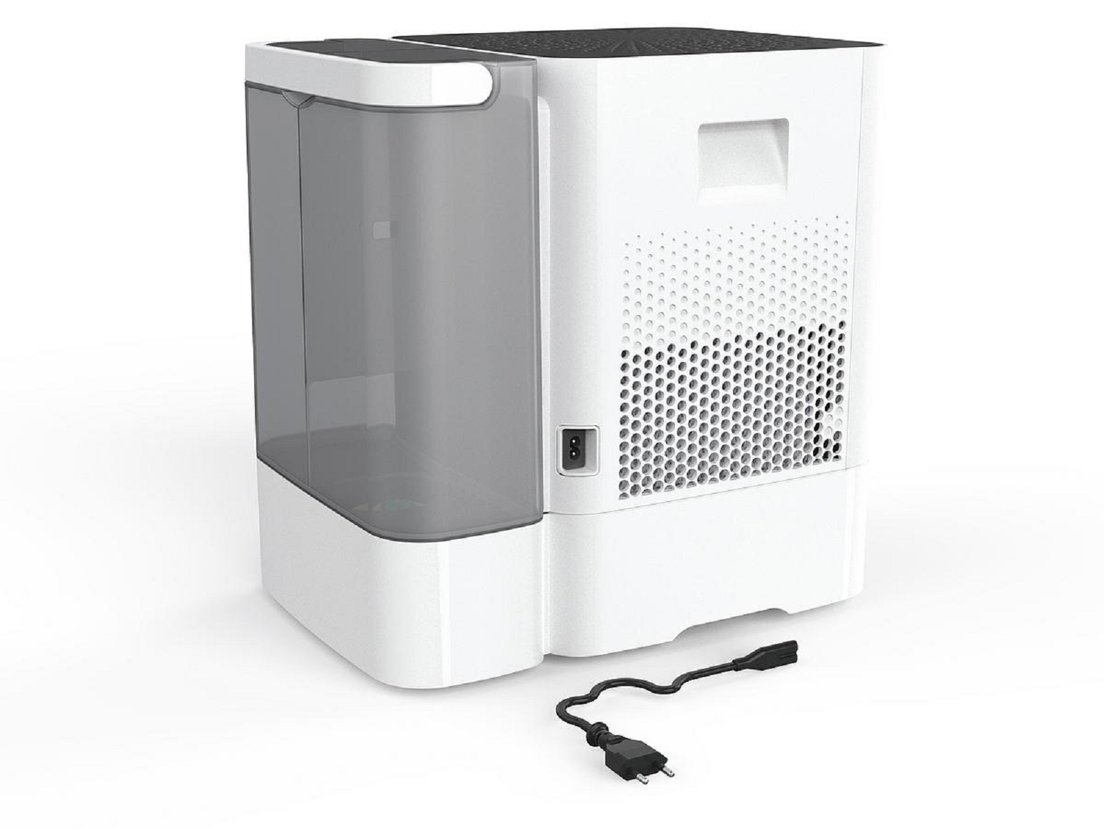 Biało-szare urządzenie, ze zbiornikiem na wodę, kablem zasilającym i czarną wtyczką.