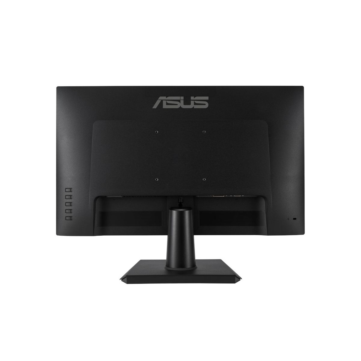 La vista posteriore di un monitor per computer nero con il logo ASUS e varie porte.
