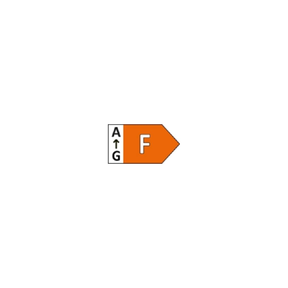 Etichetta di efficienza energetica con classificazione 'F'. La scala va da A a G.