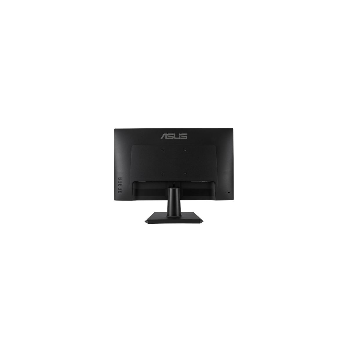 La parte trasera de un monitor de computadora negro con el logotipo de ASUS y varios puertos y conexiones.