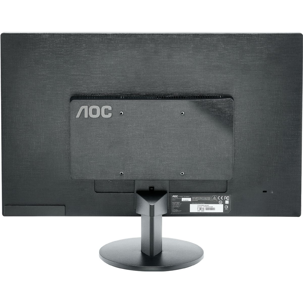 Parte trasera de un monitor de computadora AOC, con el logotipo de AOC y el soporte visibles. Negro con superficie texturizada.