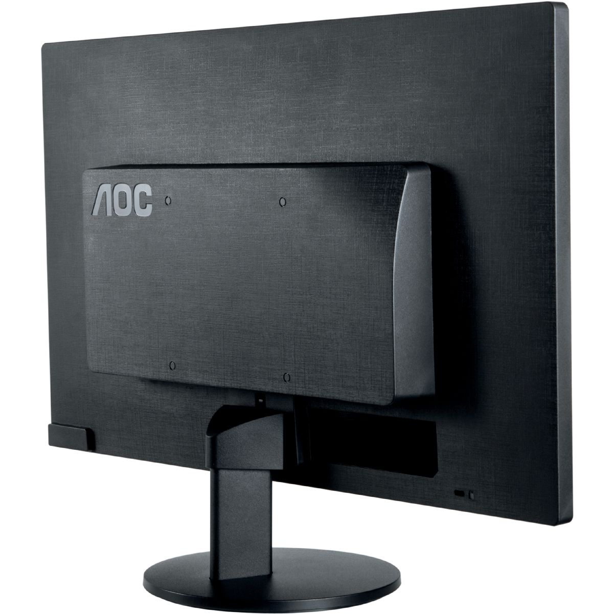 La parte trasera de un monitor AOC negro con soporte, mostrando las conexiones traseras.