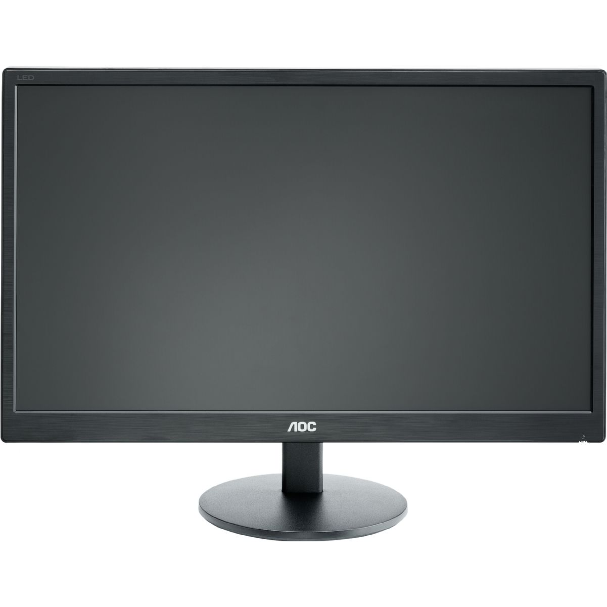 Monitor LED AOC negro sobre soporte negro, fondo blanco, mostrando una pantalla en blanco.