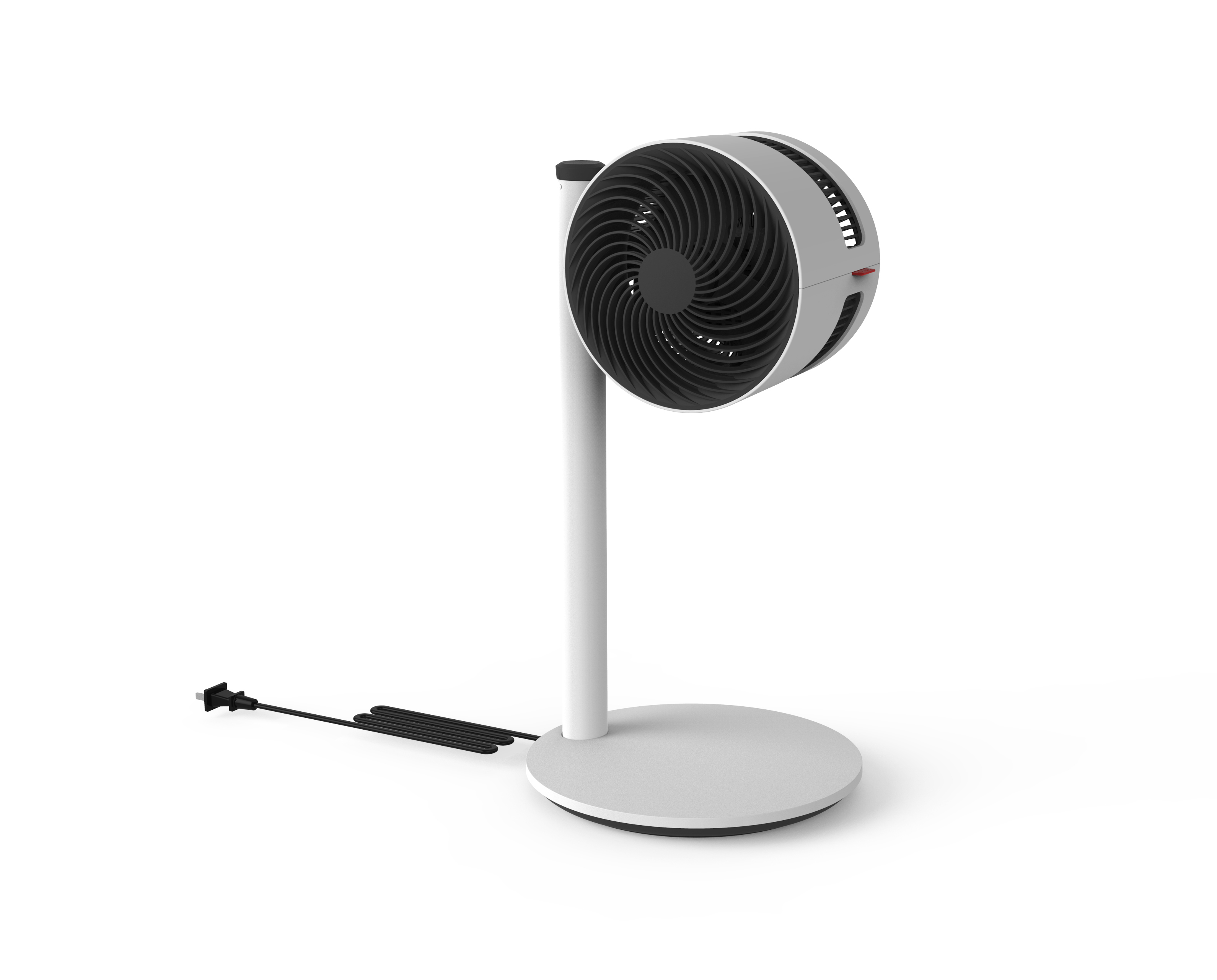 Un ventilateur blanc et gris sur une base blanche, avec un cordon d'alimentation. Fond blanc.