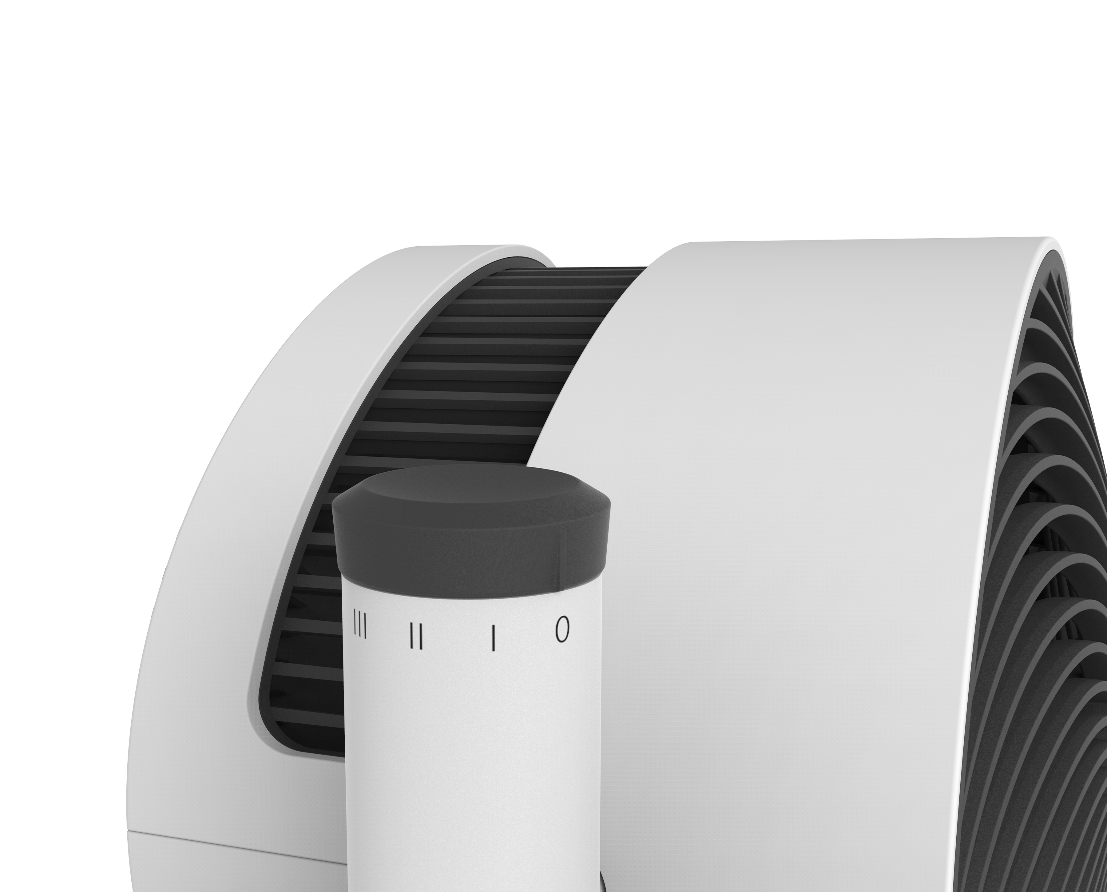 Gros plan d'un ventilateur blanc avec des ouïes noires et un cadran de contrôle avec des réglages.