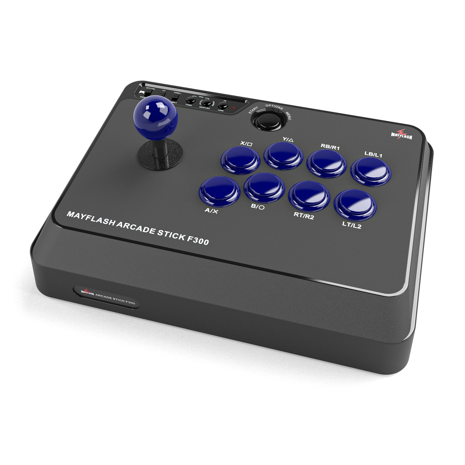 Mando de arcade negro con joystick y botones azules.