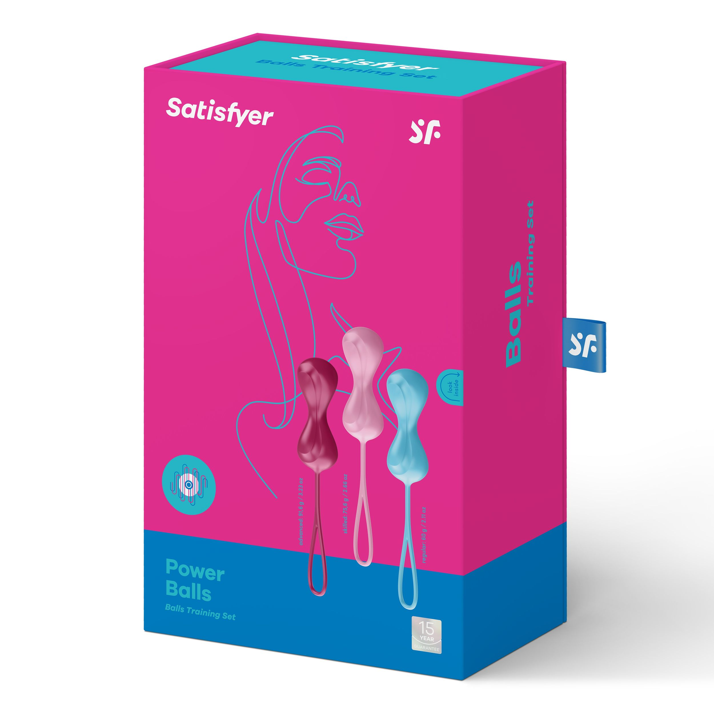 Caja del set de entrenamiento Satisfyer Power Balls. Colores rosa y azul. Tres bolas al frente.