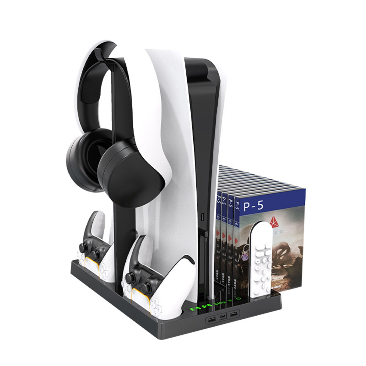 Schwarzer und weißer PlayStation 5-Ständer mit Kopfhörern, Controllern, Spielehüllen und Fernbedienung.