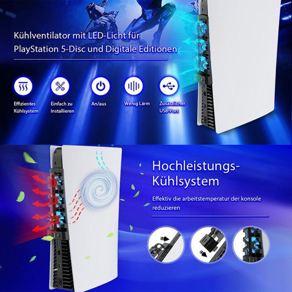 Ein Kühlventilator für eine PlayStation 5. Eigenschaften sind effiziente Kühlung, einfache Installation und ein USB-Anschluss.